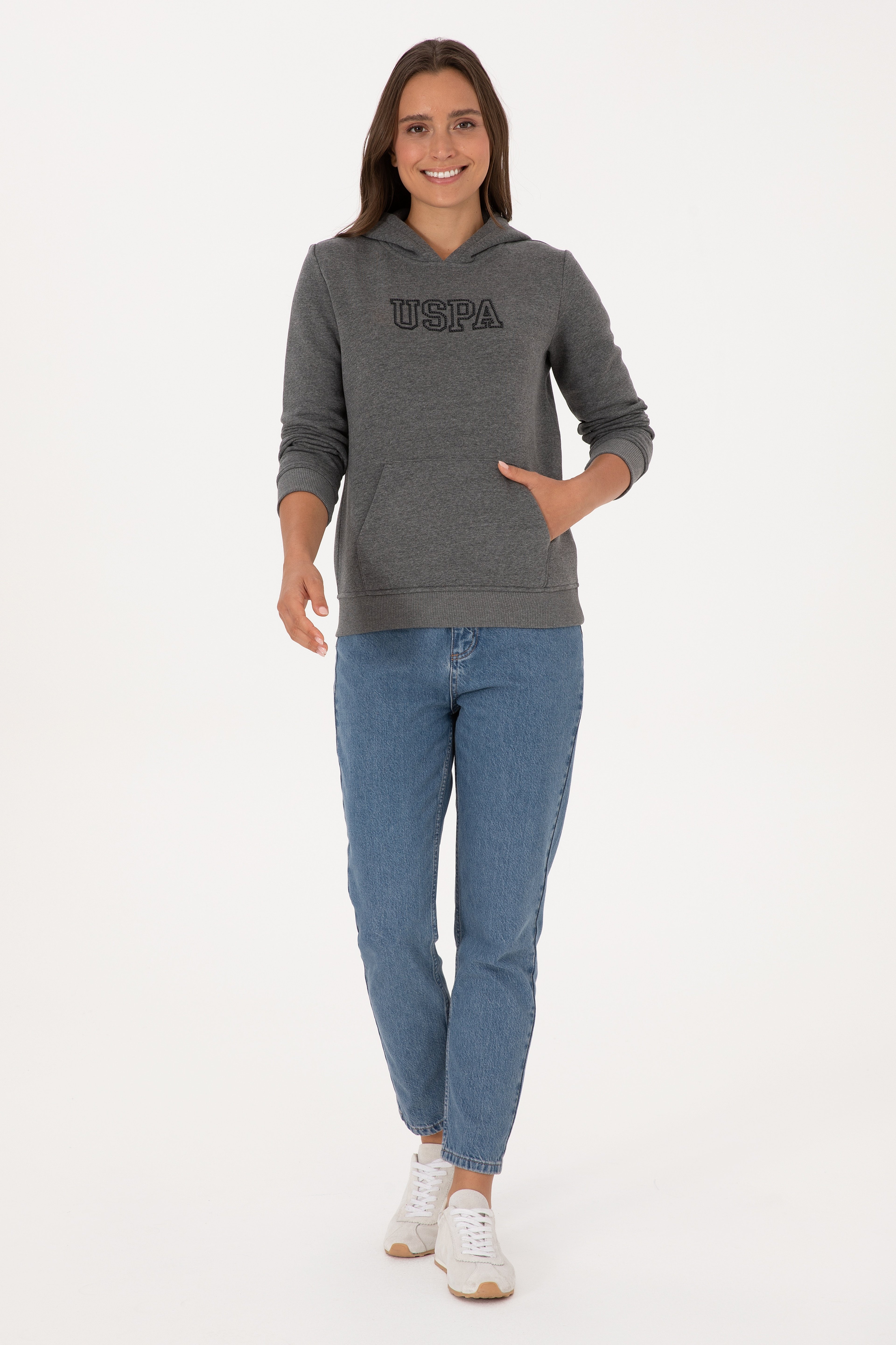 Kadın Antrasit Melanj Şardonlu Kapüşonlu Basic Sweatshirt - Image 4