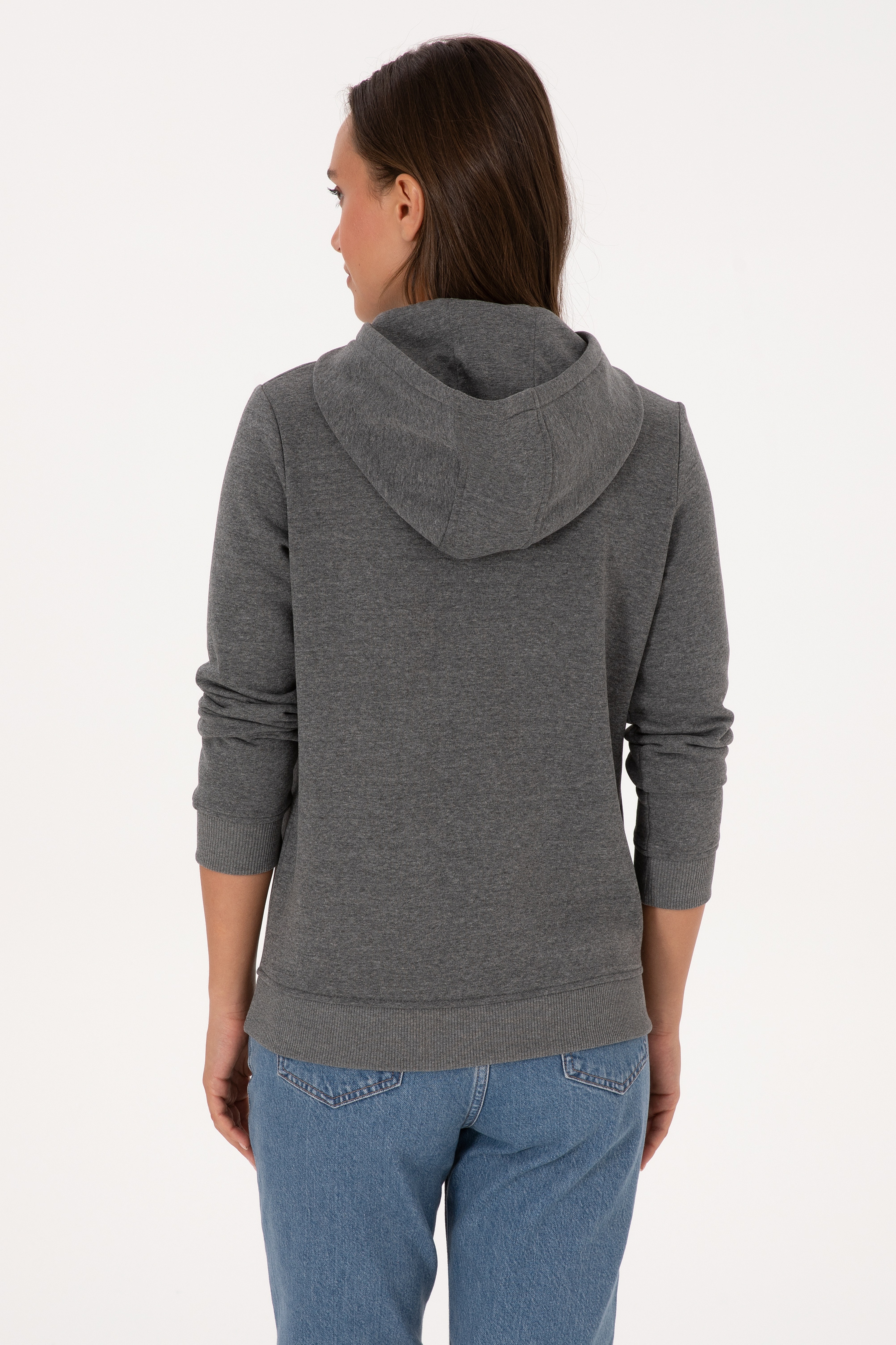 Kadın Antrasit Melanj Şardonlu Kapüşonlu Basic Sweatshirt - Image 5
