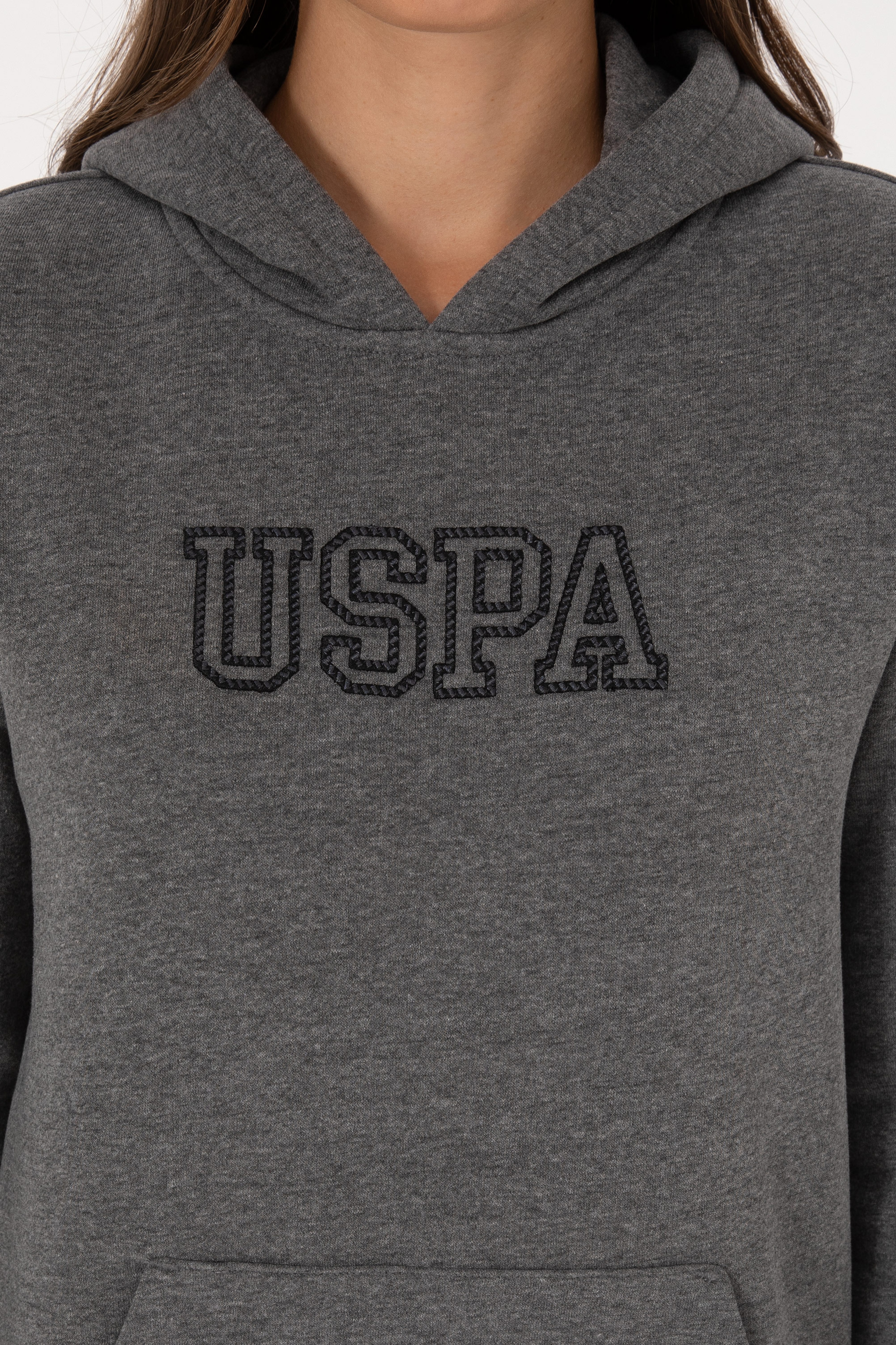 Kadın Antrasit Melanj Şardonlu Kapüşonlu Basic Sweatshirt - Image 6