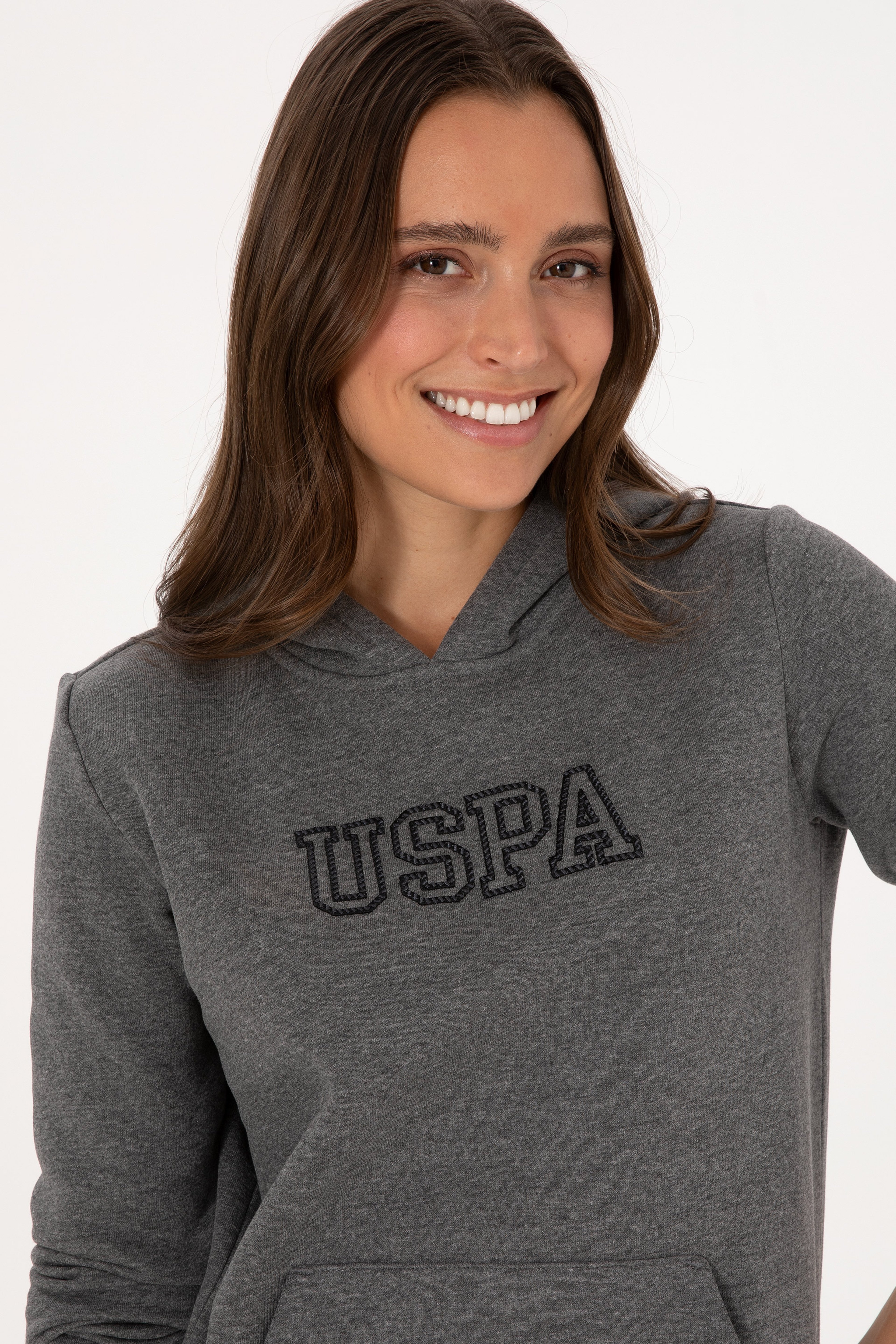 Kadın Antrasit Melanj Şardonlu Kapüşonlu Basic Sweatshirt