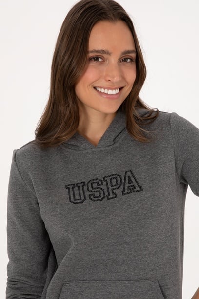 Kadın Antrasit Melanj Şardonlu Kapüşonlu Basic Sweatshirt