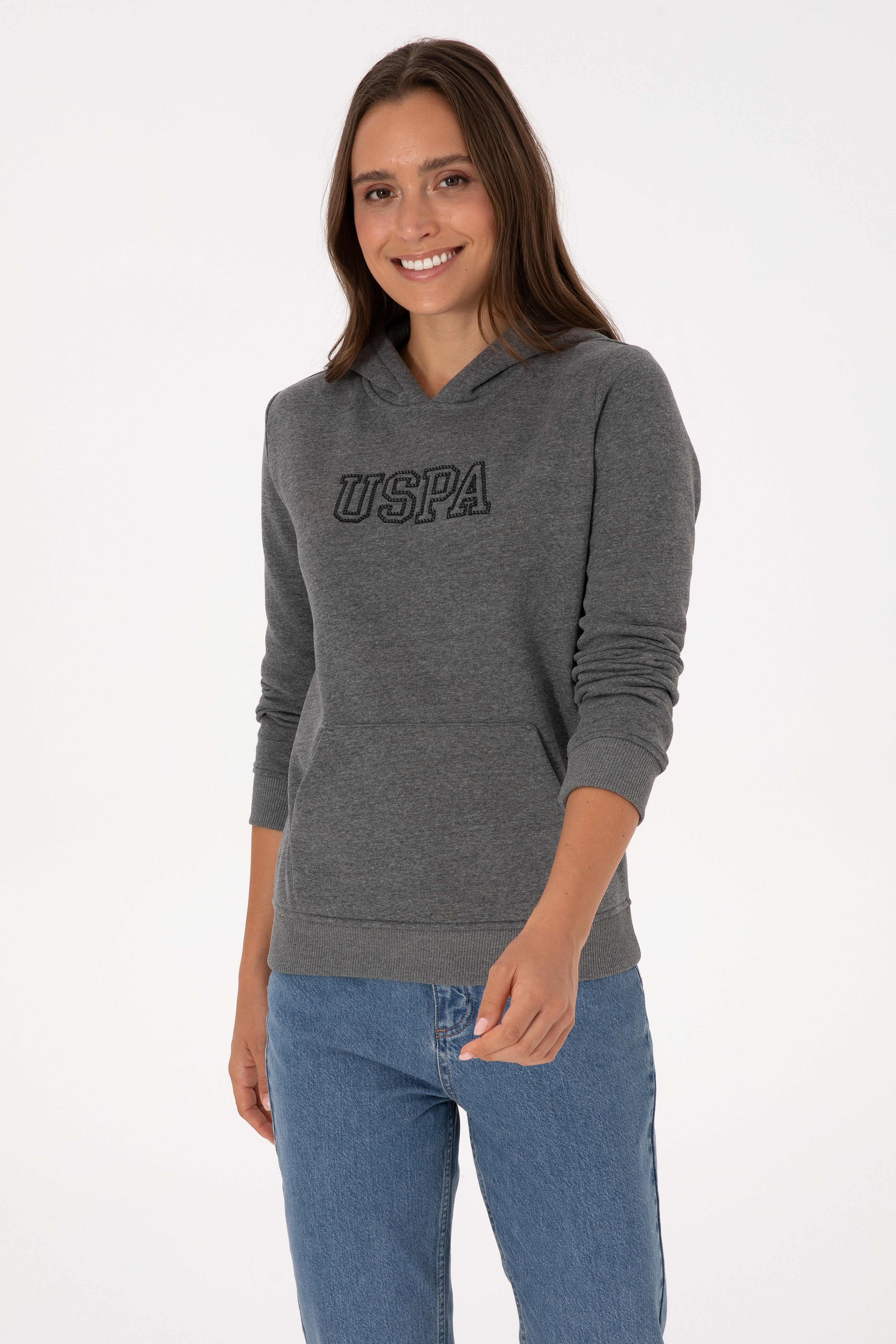 Kadın Antrasit Melanj Şardonlu Kapüşonlu Basic Sweatshirt - Image 1