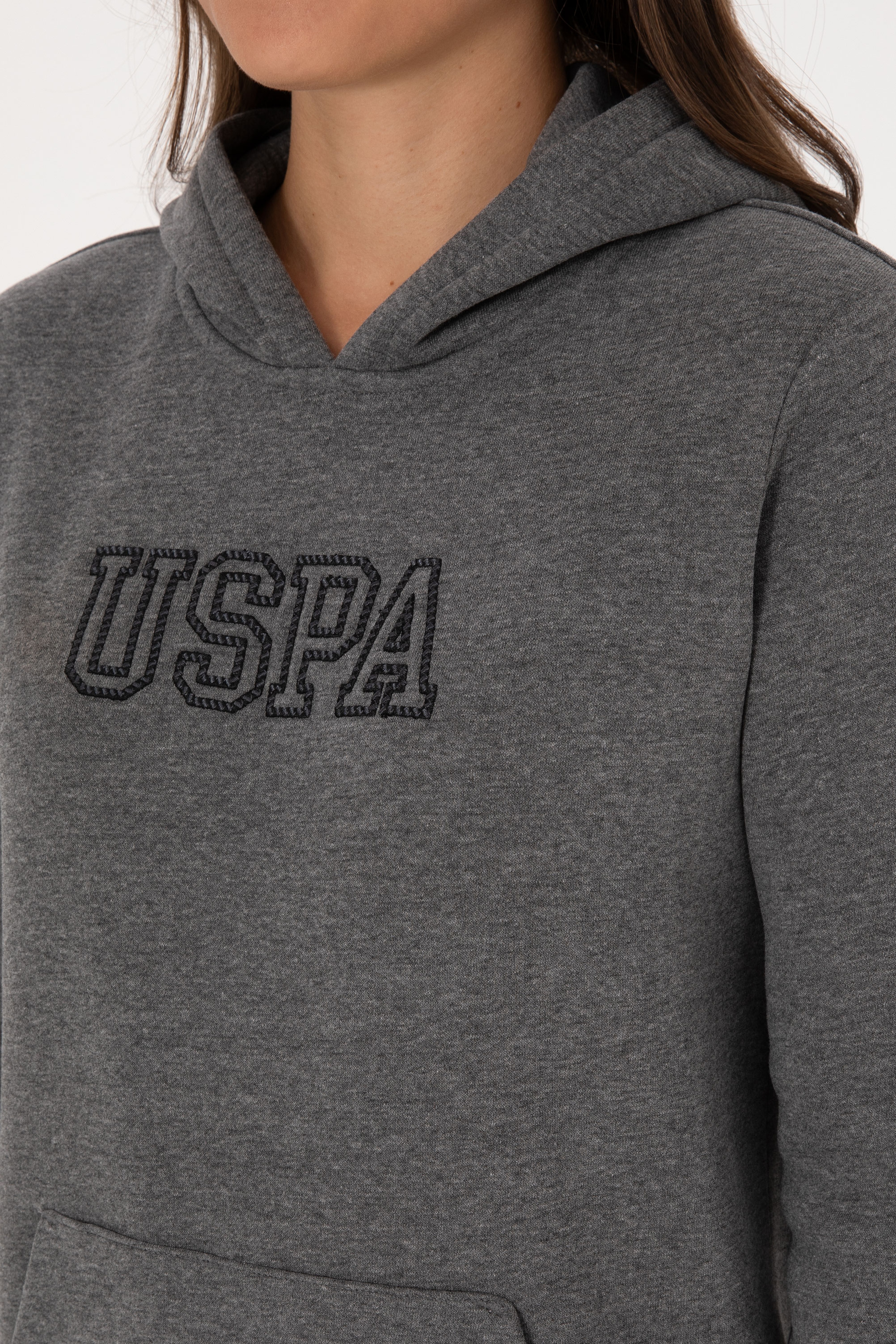 Kadın Antrasit Melanj Şardonlu Kapüşonlu Basic Sweatshirt - Image 7