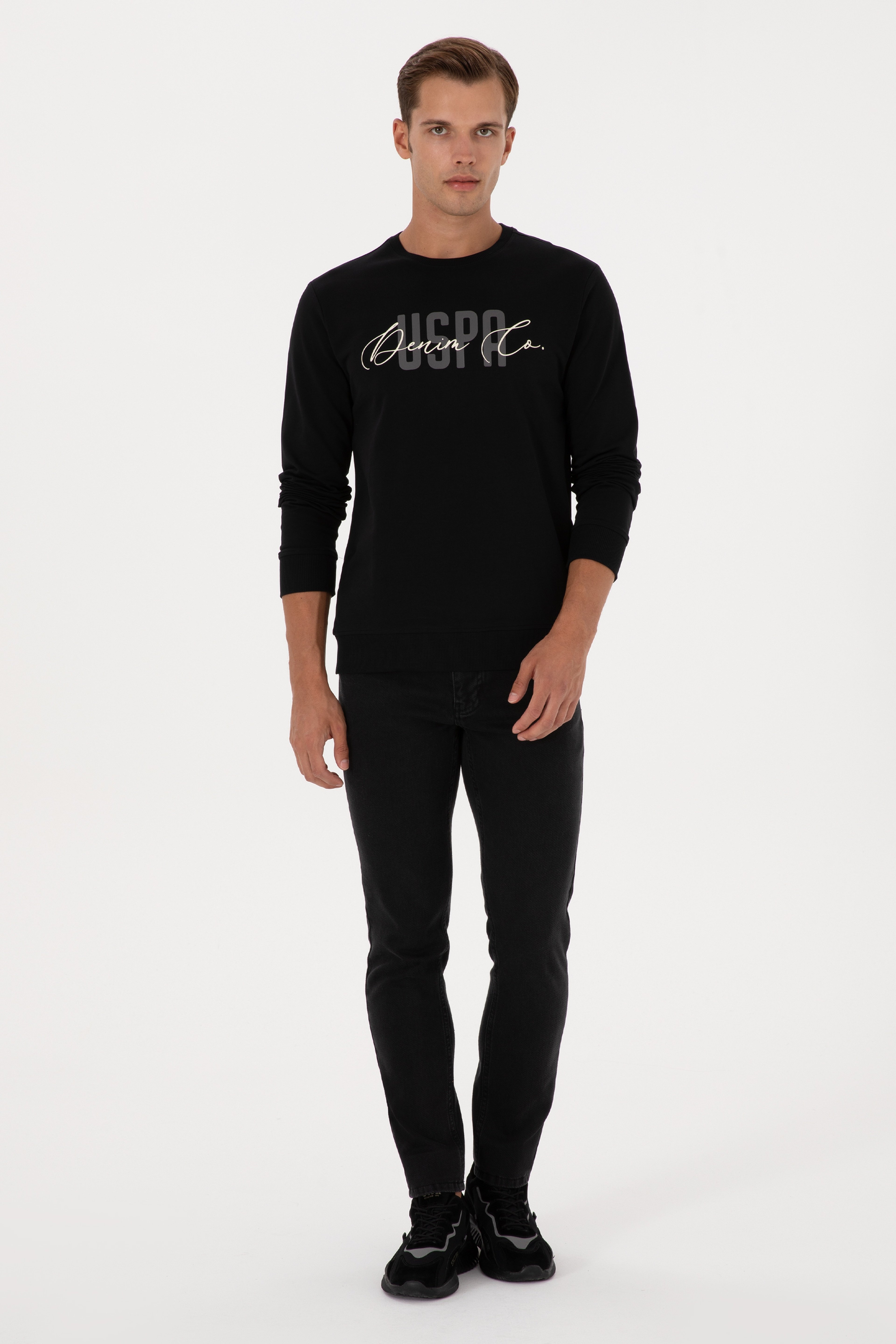 Erkek Regular Fit Bisiklet Yaka Siyah İnce Sweatshirt - Image 4