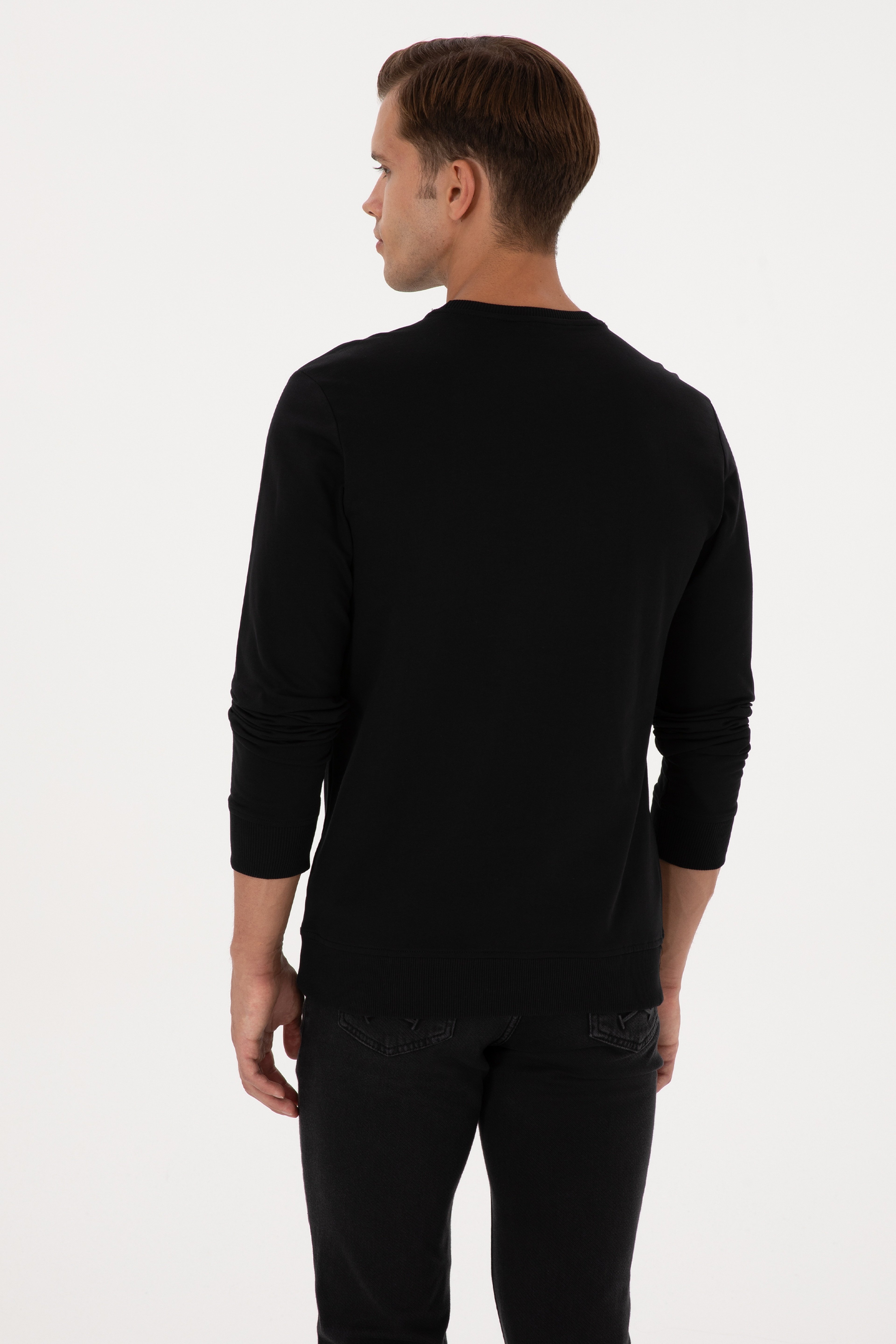 Erkek Regular Fit Bisiklet Yaka Siyah İnce Sweatshirt - Image 5