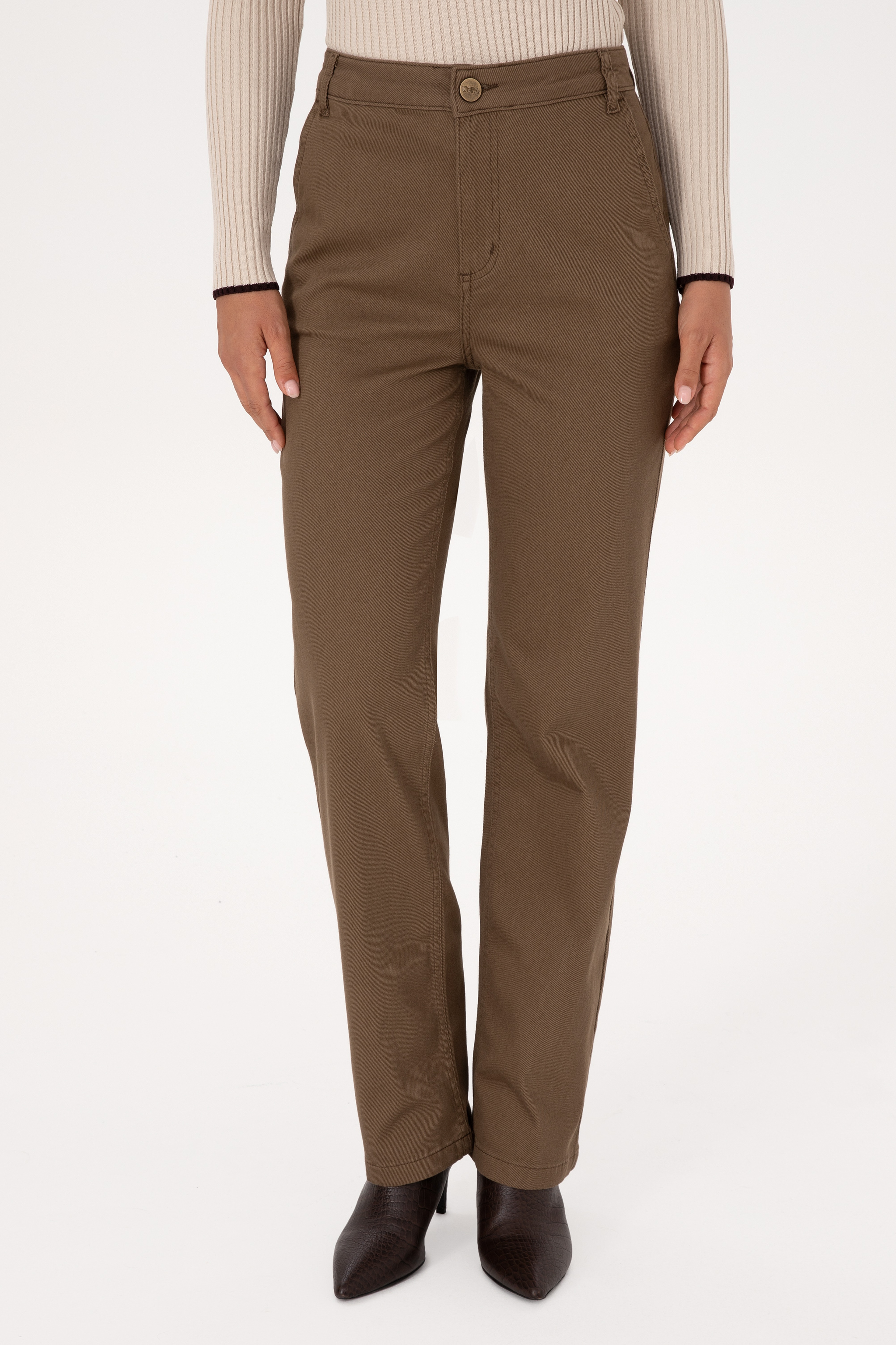 Kadın Haki Straight Fit Kanvas Pantolon - Image 2