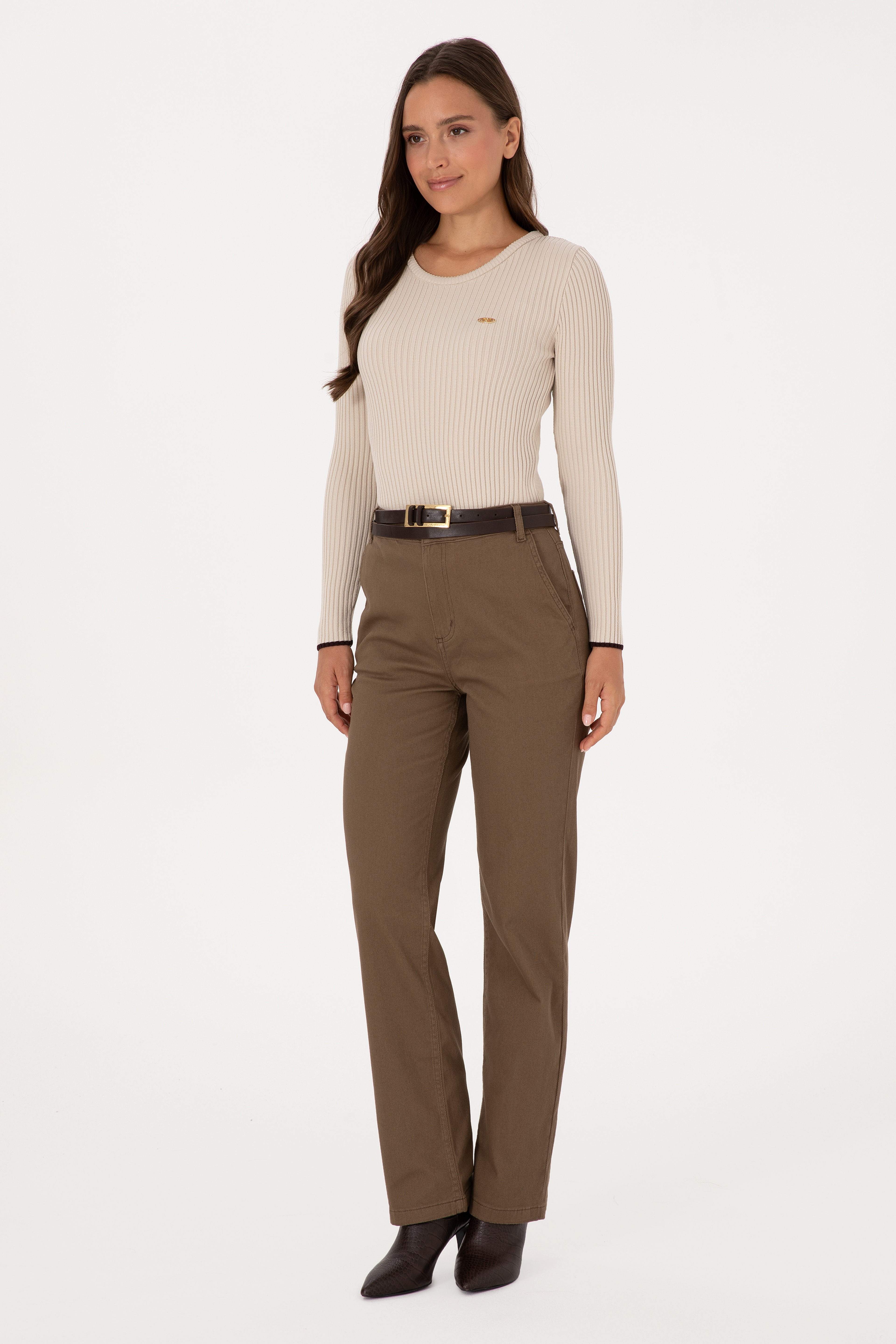 Kadın Haki Straight Fit Kanvas Pantolon - Image 3