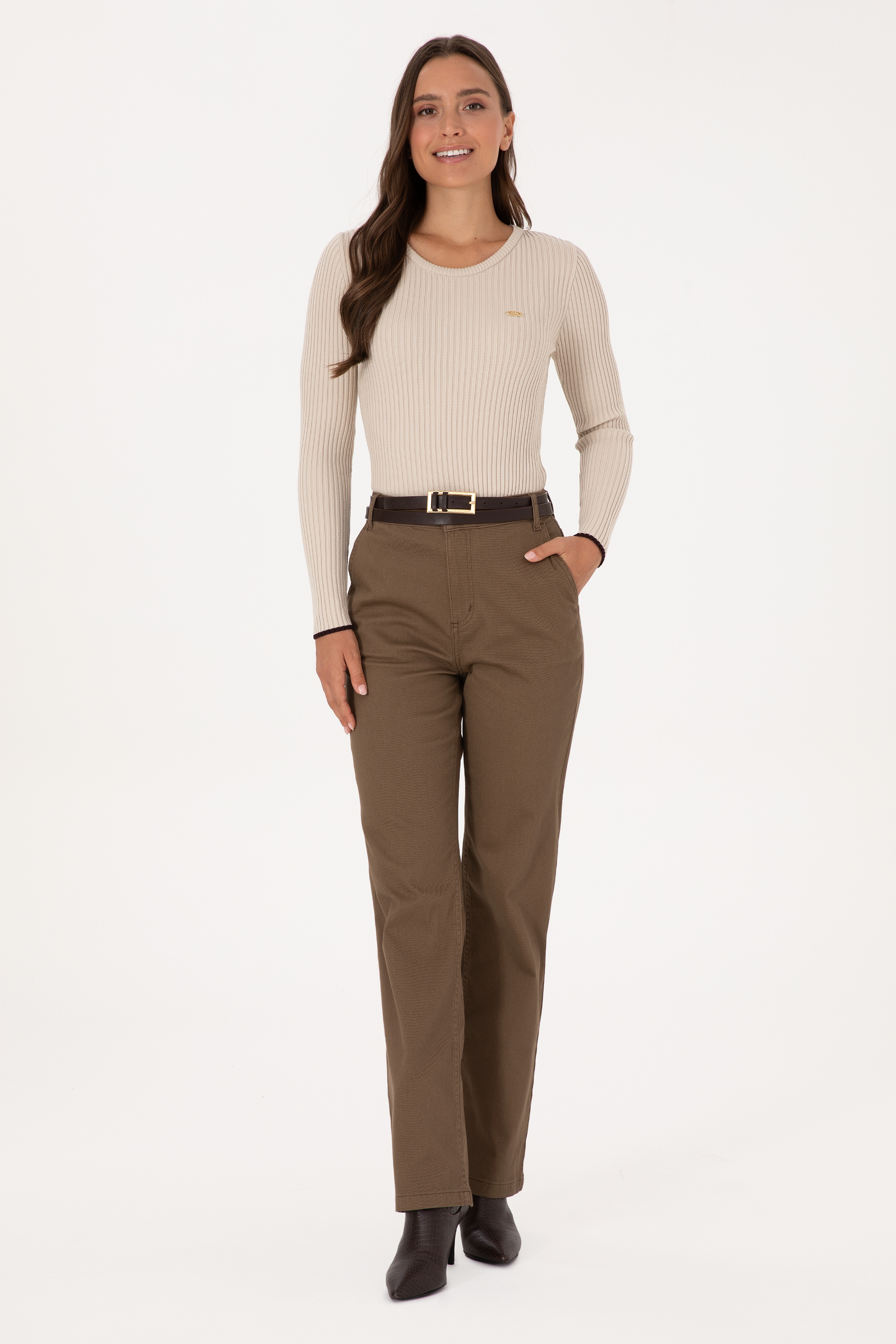 Kadın Haki Straight Fit Kanvas Pantolon - Image 1