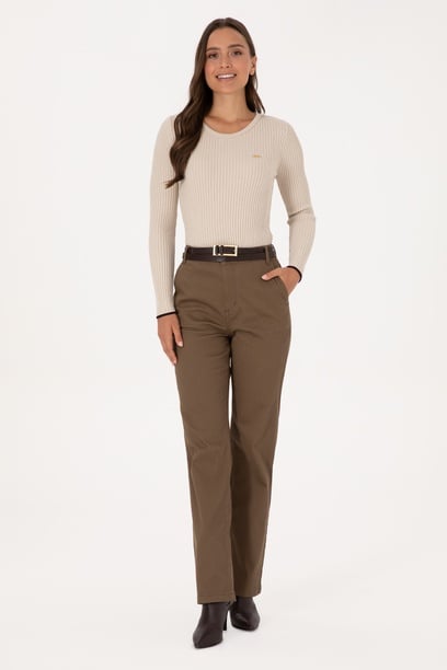 Kadın Haki Straight Fit Kanvas Pantolon