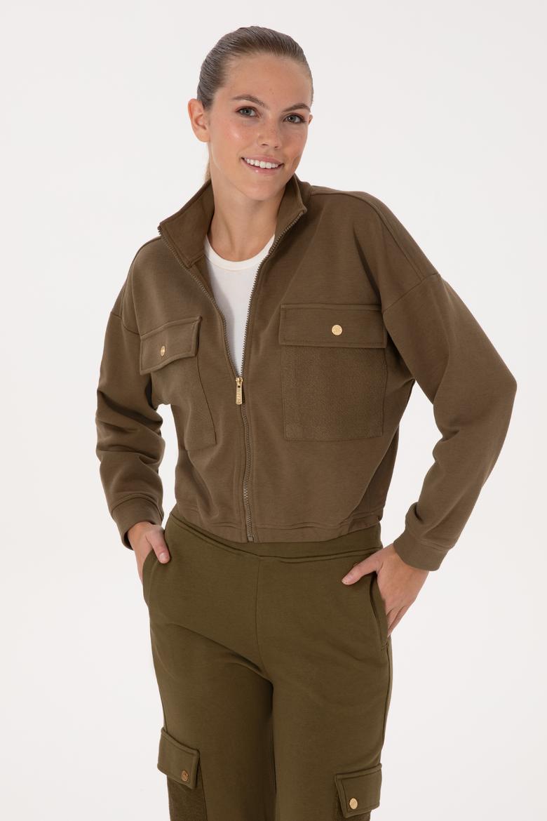 Kadın Haki Fermuarlı Dik Yaka Sweatshirt