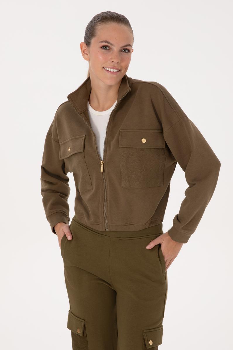 Kadın Haki Fermuarlı Dik Yaka Sweatshirt