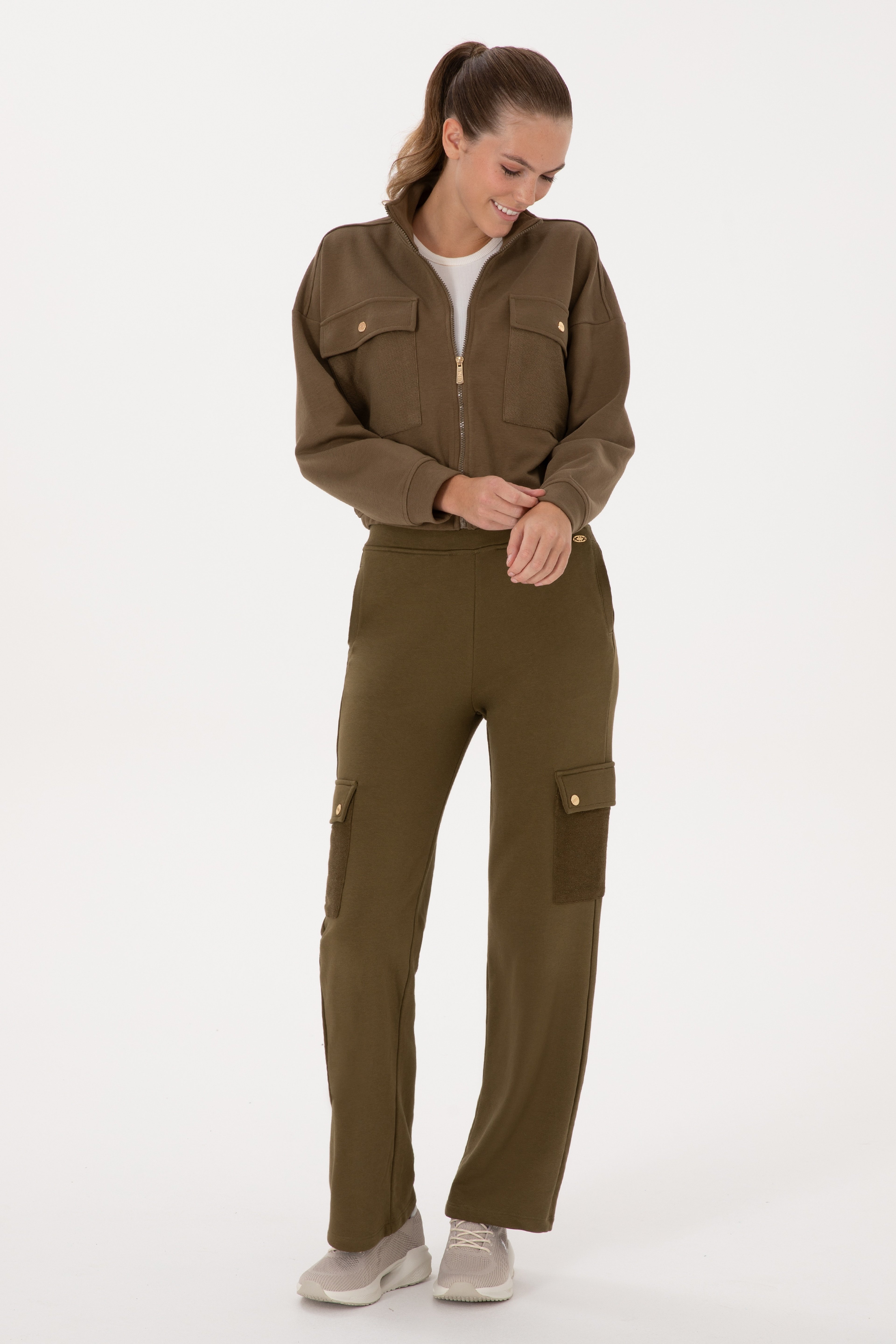 Kadın Haki Fermuarlı Dik Yaka Sweatshirt - Image 4