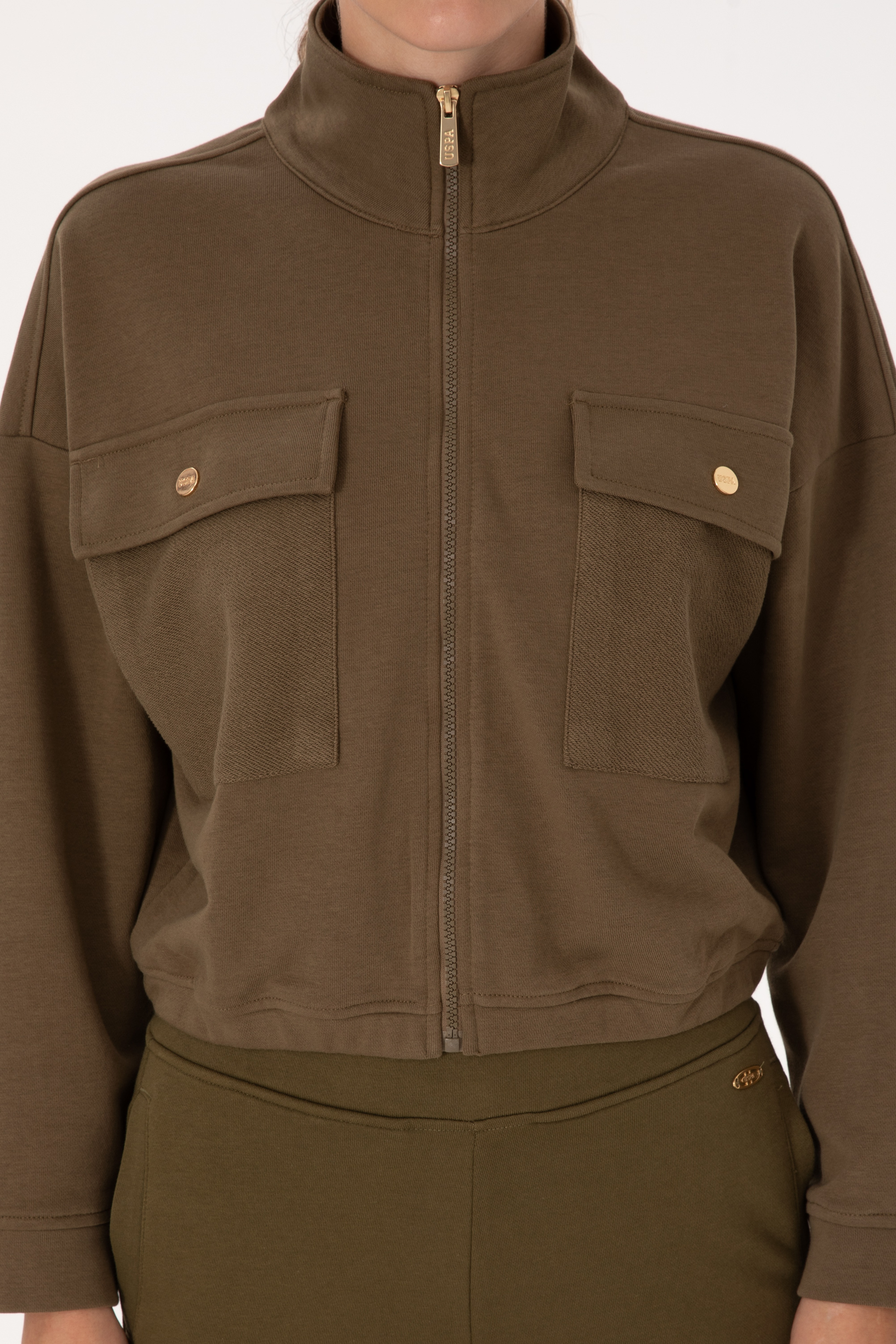 Kadın Haki Fermuarlı Dik Yaka Sweatshirt - Image 6