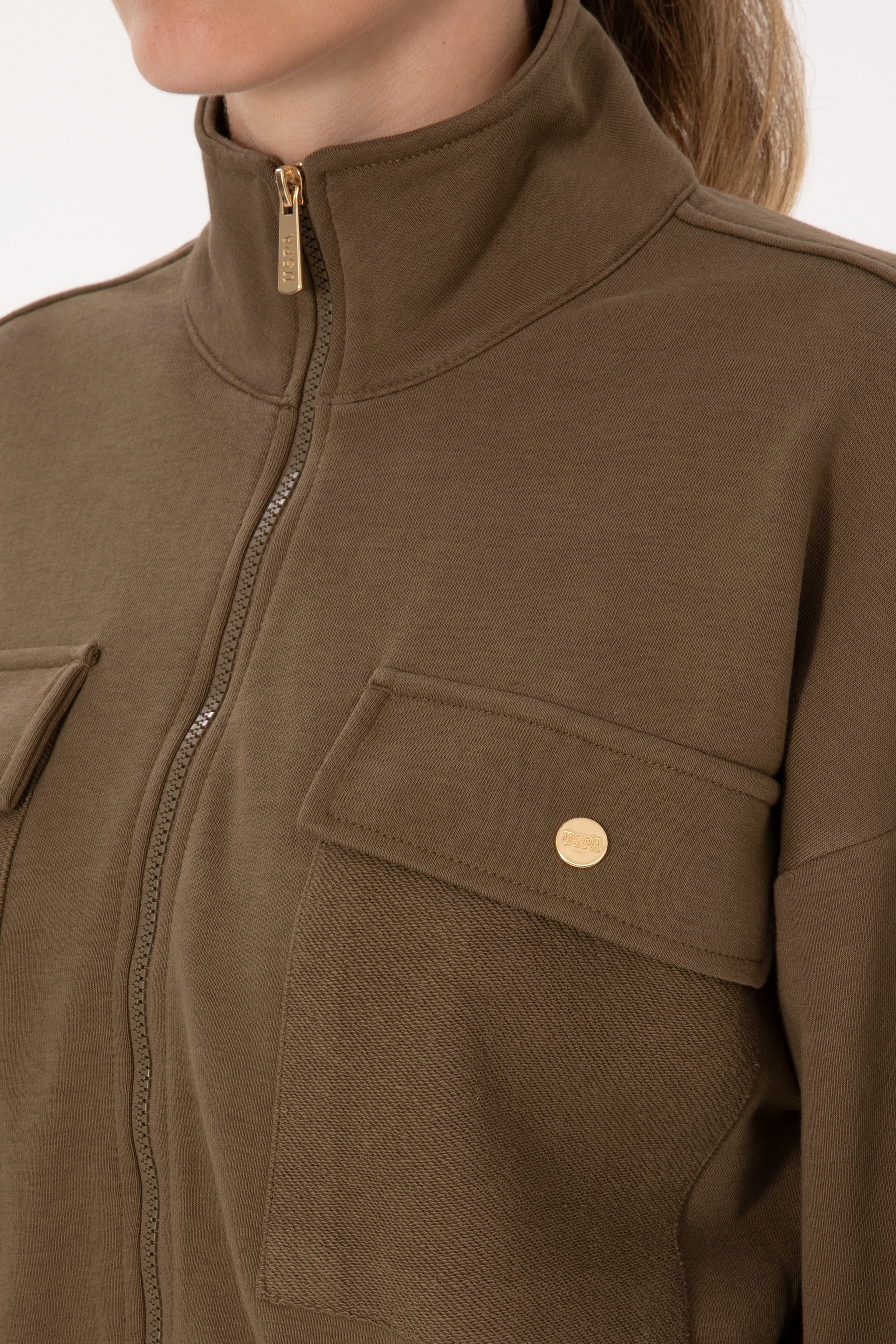 Kadın Haki Fermuarlı Dik Yaka Sweatshirt