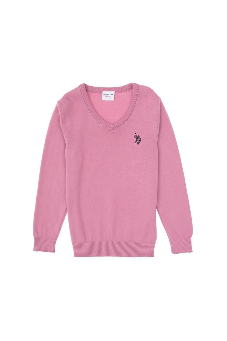 Kız Çocuk Pembe V Yaka Basic Kazak - 50316777046