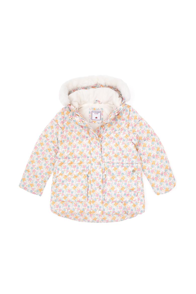 Kız Çocuk Krem Çiçek Desenli İçi Polar Kapüşonlu Mont - 50313063004