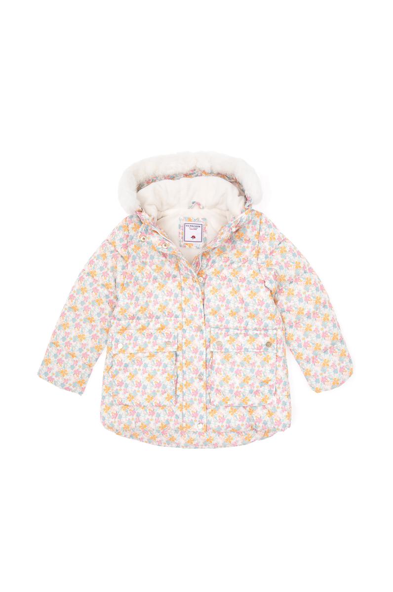 Kız Çocuk Krem Çiçek Desenli İçi Polar Kapüşonlu Mont
