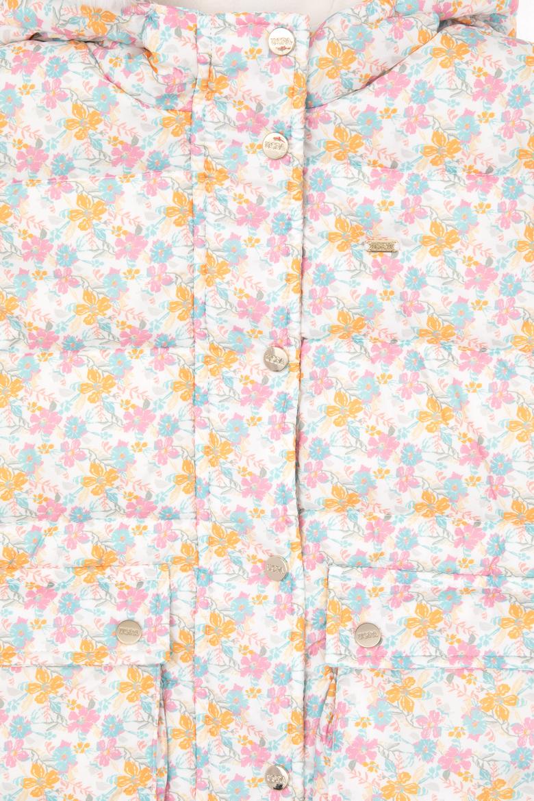 Kız Çocuk Krem Çiçek Desenli İçi Polar Kapüşonlu Mont - 50313063004