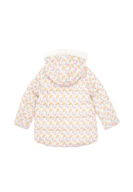 Kız Çocuk Krem Çiçek Desenli İçi Polar Kapüşonlu Mont - 50313063004