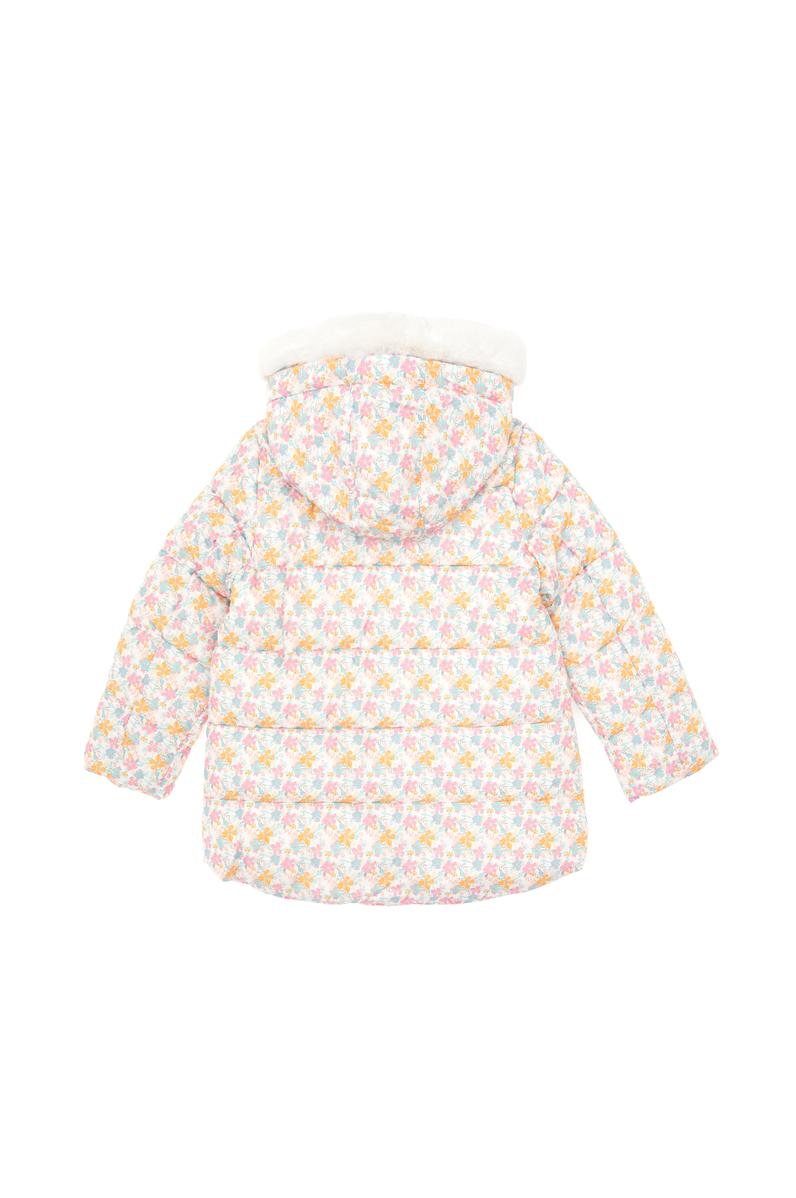 Kız Çocuk Krem Çiçek Desenli İçi Polar Kapüşonlu Mont