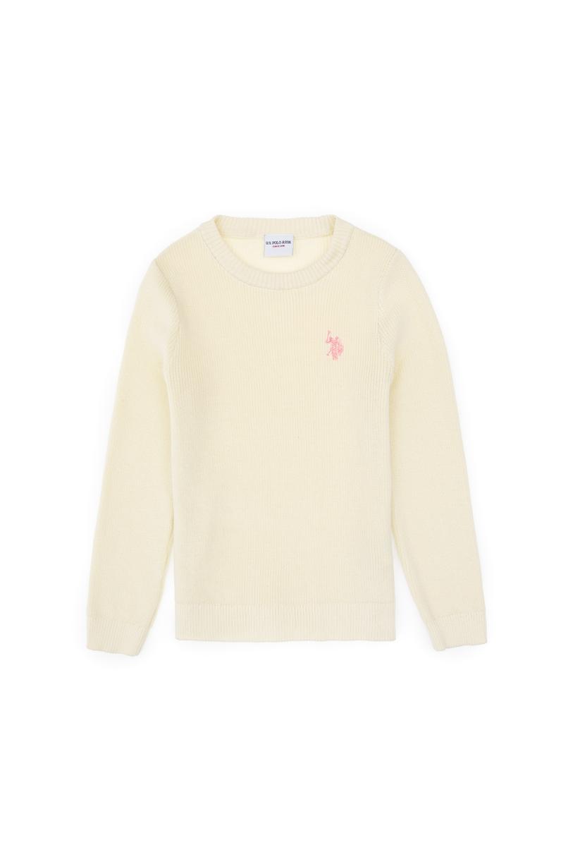 Kız Çocuk Krem Bisiklet Yaka Basic Kazak