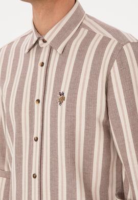 Erkek Krem Çizgili Uzun Kollu Kahverengi Gömlek - 50316546001