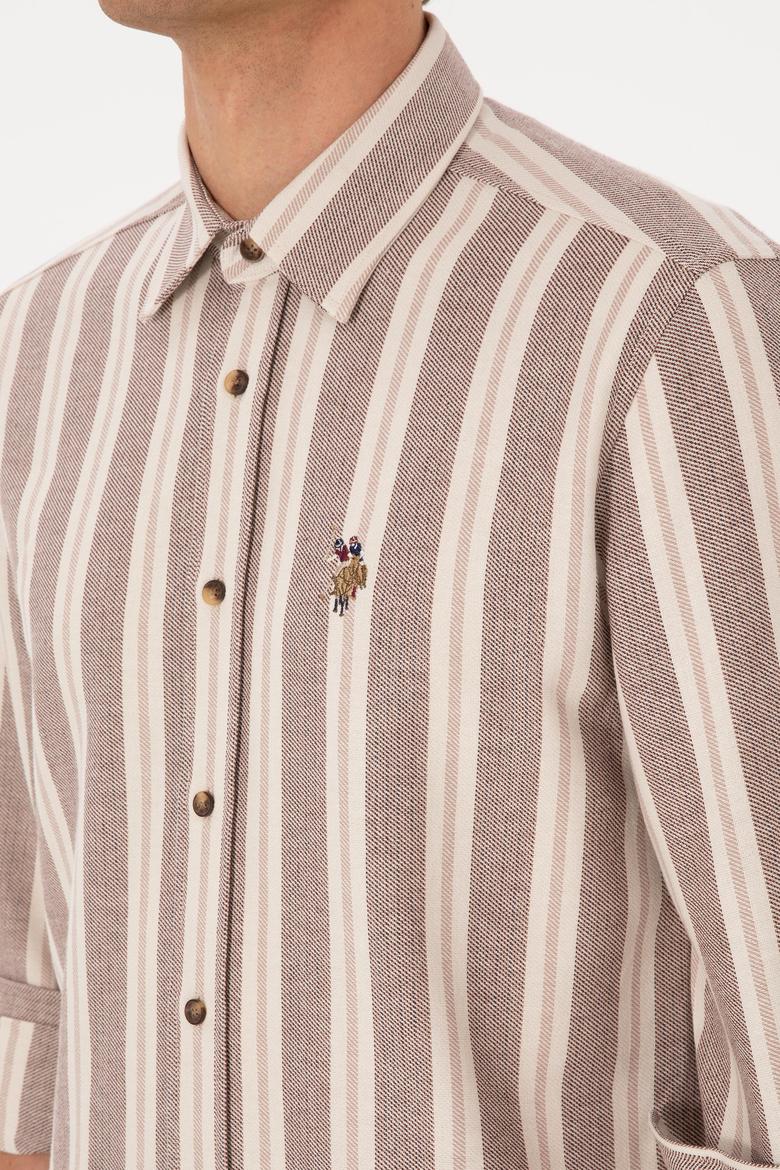 Erkek Krem Çizgili Uzun Kollu Kahverengi Gömlek - 50316546001