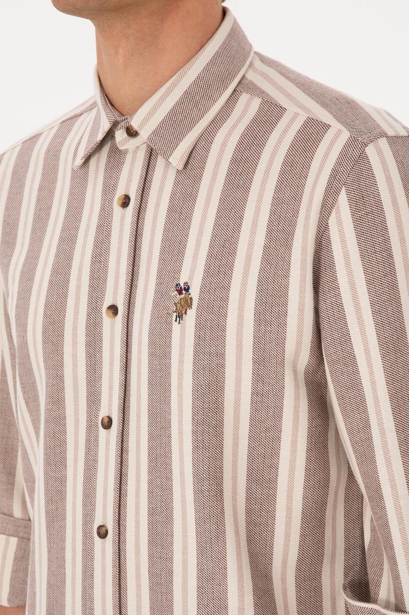 Erkek Krem Çizgili Uzun Kollu Kahverengi Gömlek