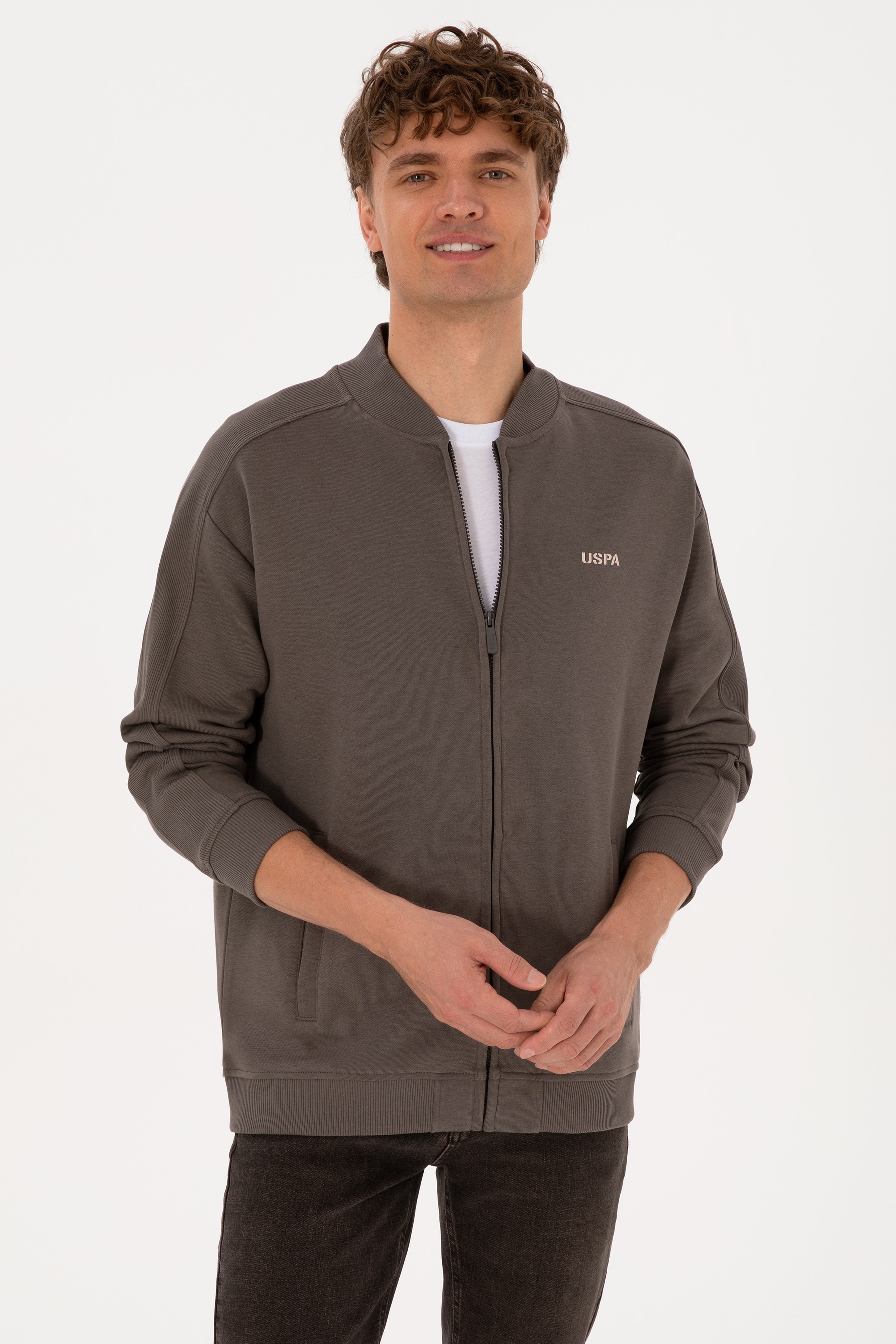 Erkek Comfort Fit Fermuarlı Vizon Örme Hırka - Image 1