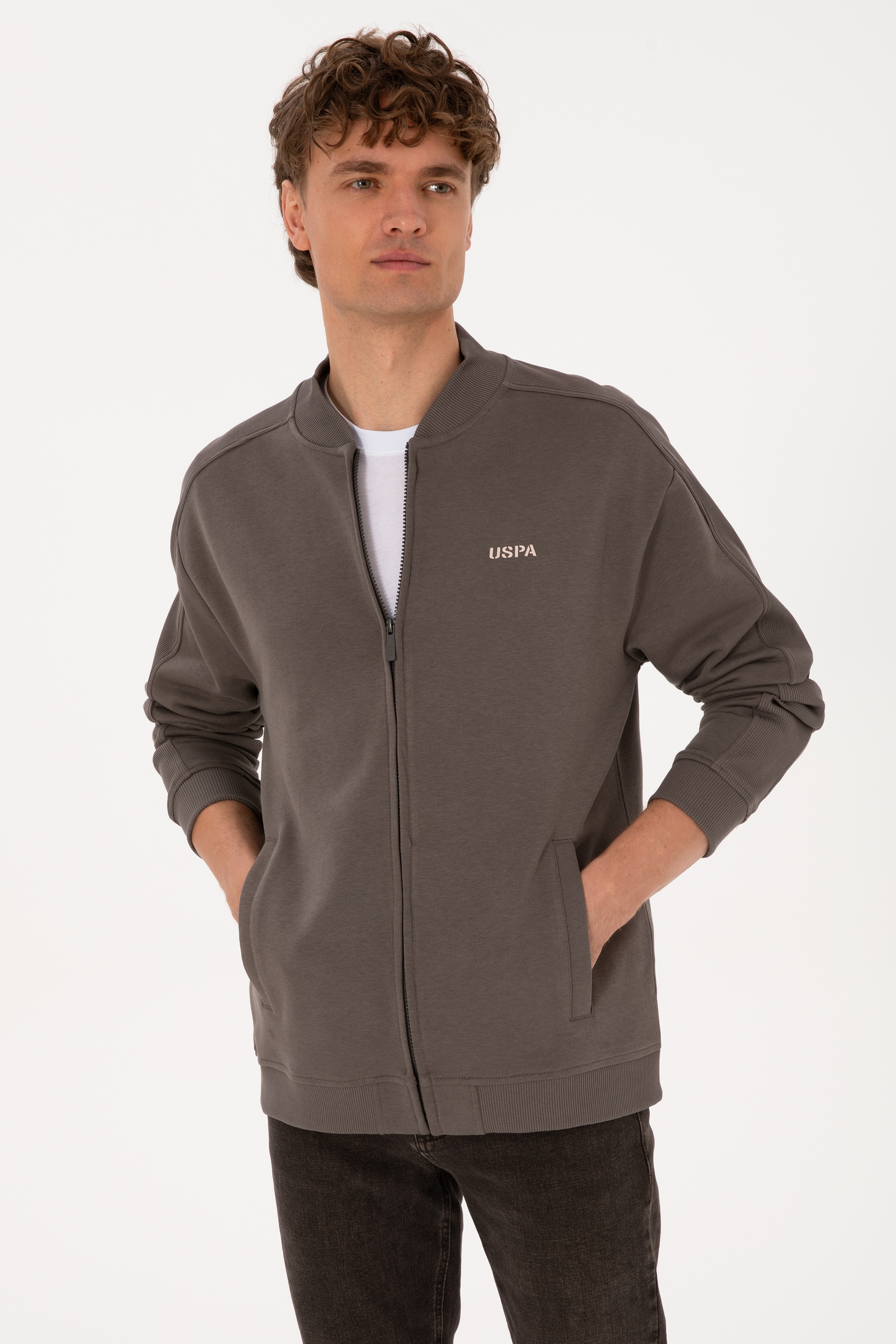 Erkek Comfort Fit Fermuarlı Vizon Örme Hırka