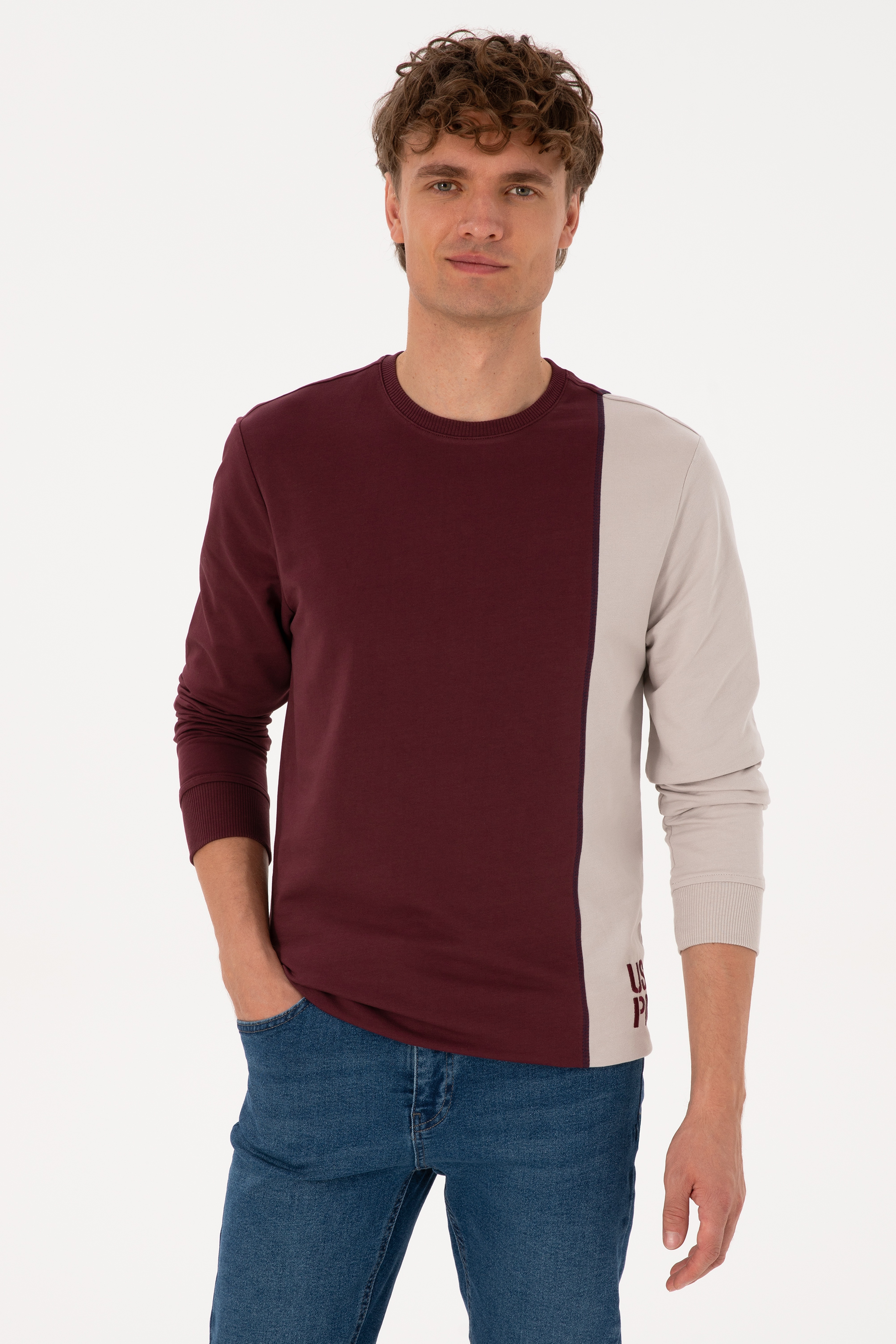 Erkek Regular Fit Bisiklet Yaka Bordo İnce Sweatshirt - Image 1