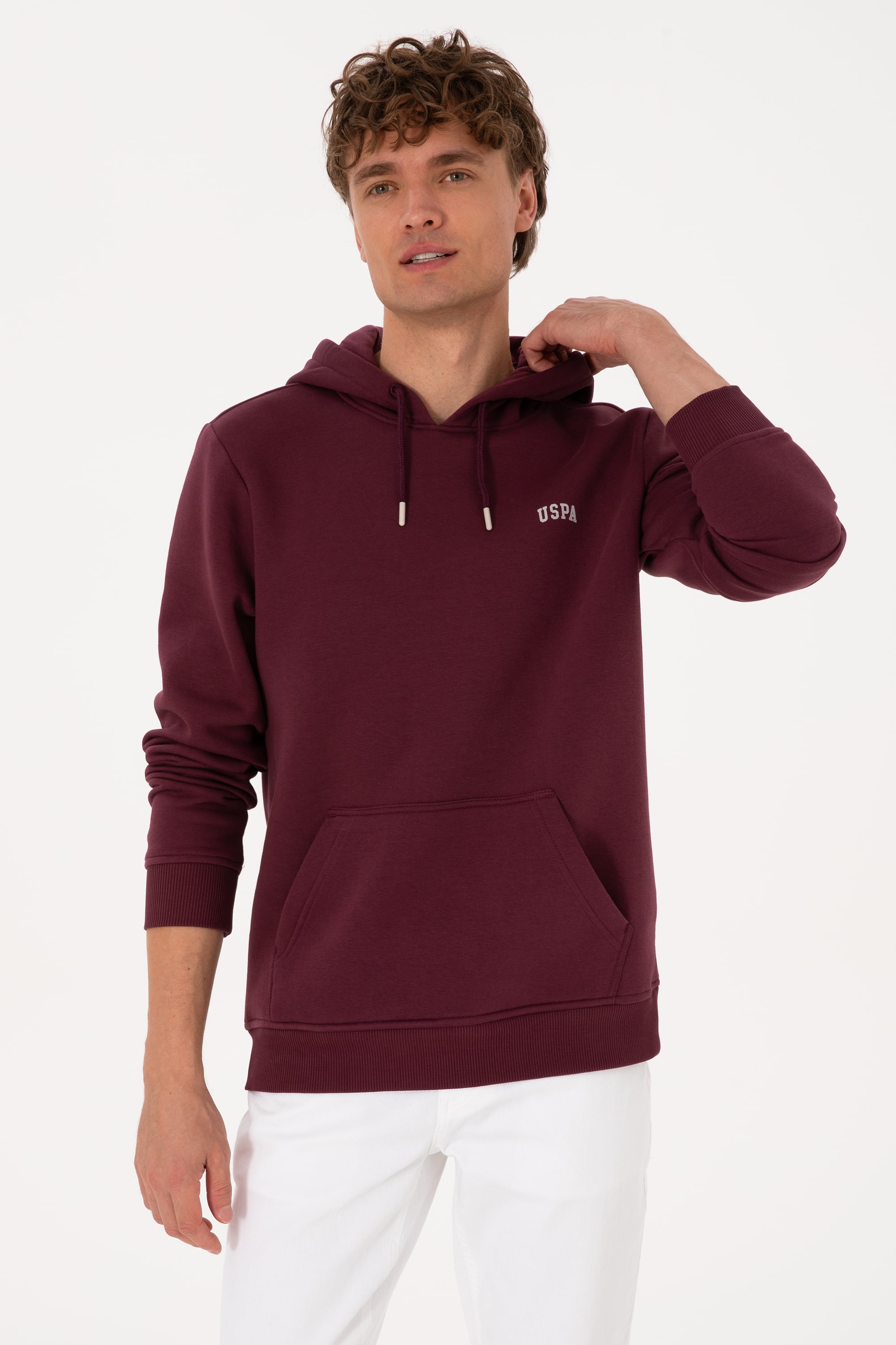 Erkek Regular Fit Kapüşonlu Şardonlu Bordo Basic Sweatshirt