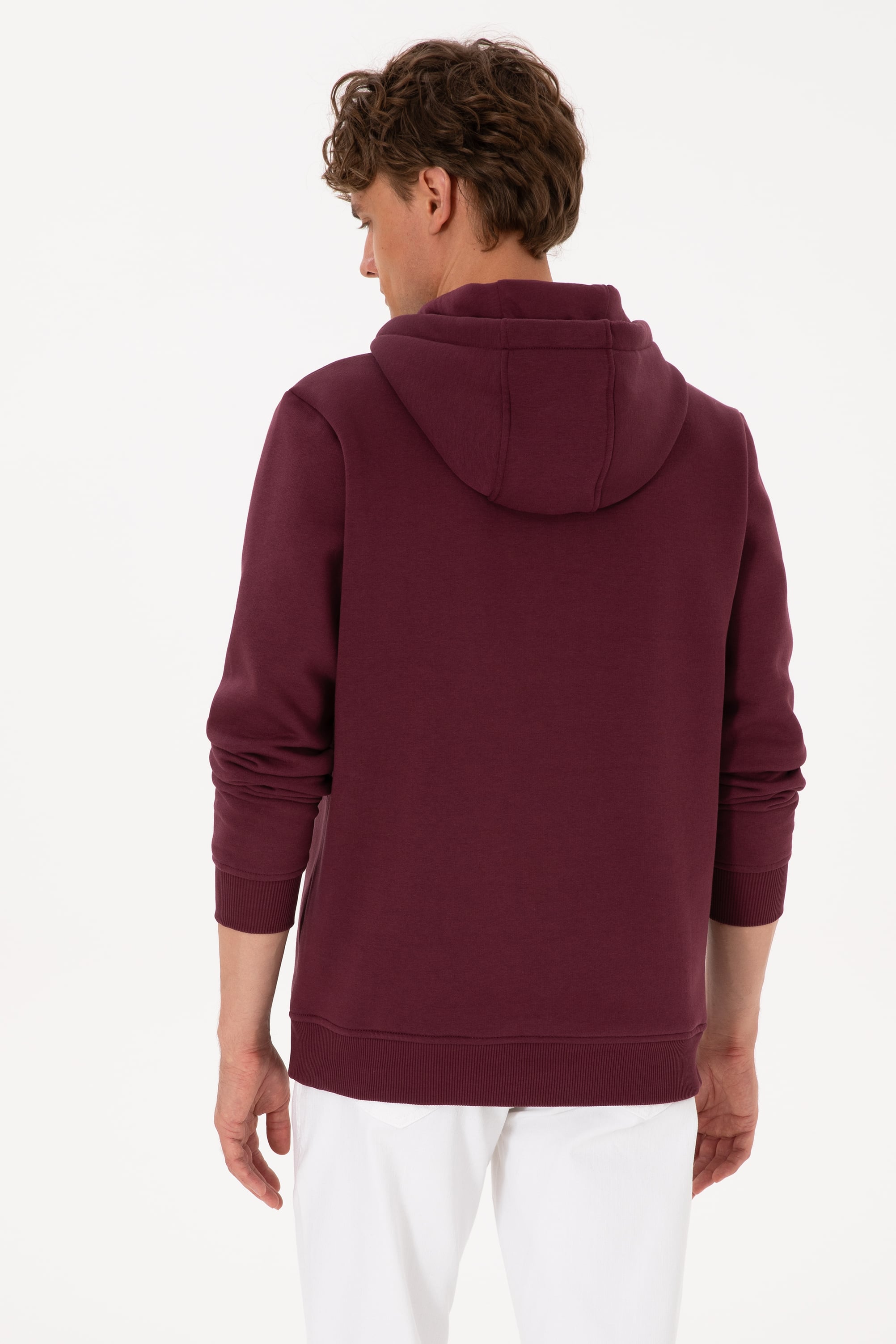 Erkek Regular Fit Kapüşonlu Şardonlu Bordo Basic Sweatshirt