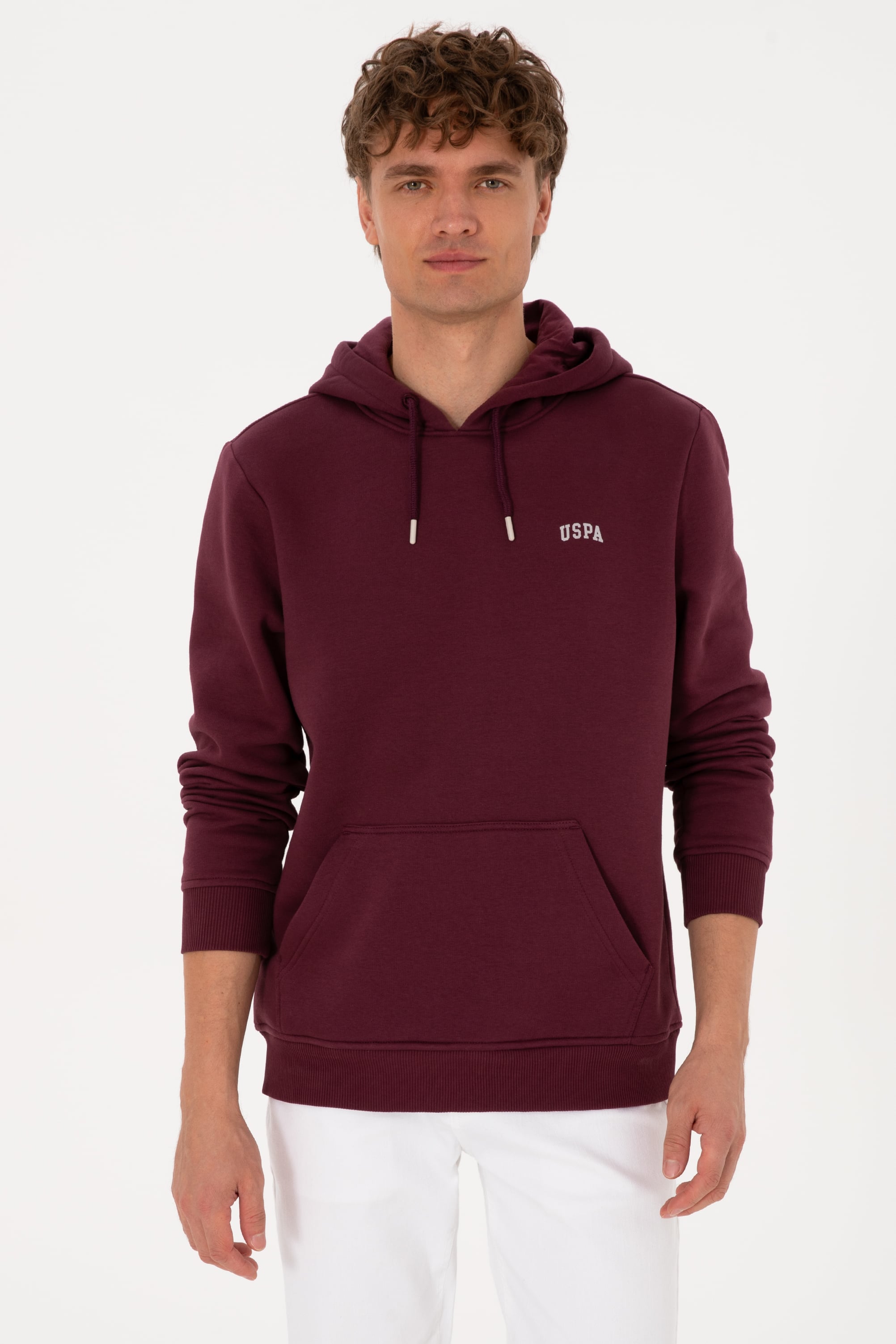 Erkek Regular Fit Kapüşonlu Şardonlu Bordo Basic Sweatshirt - Image 1