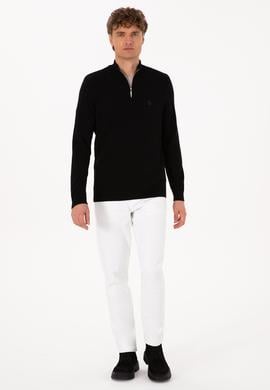 Erkek Slim Fit Yarım Fermuarlı Siyah Basic Kazak - 50313695038