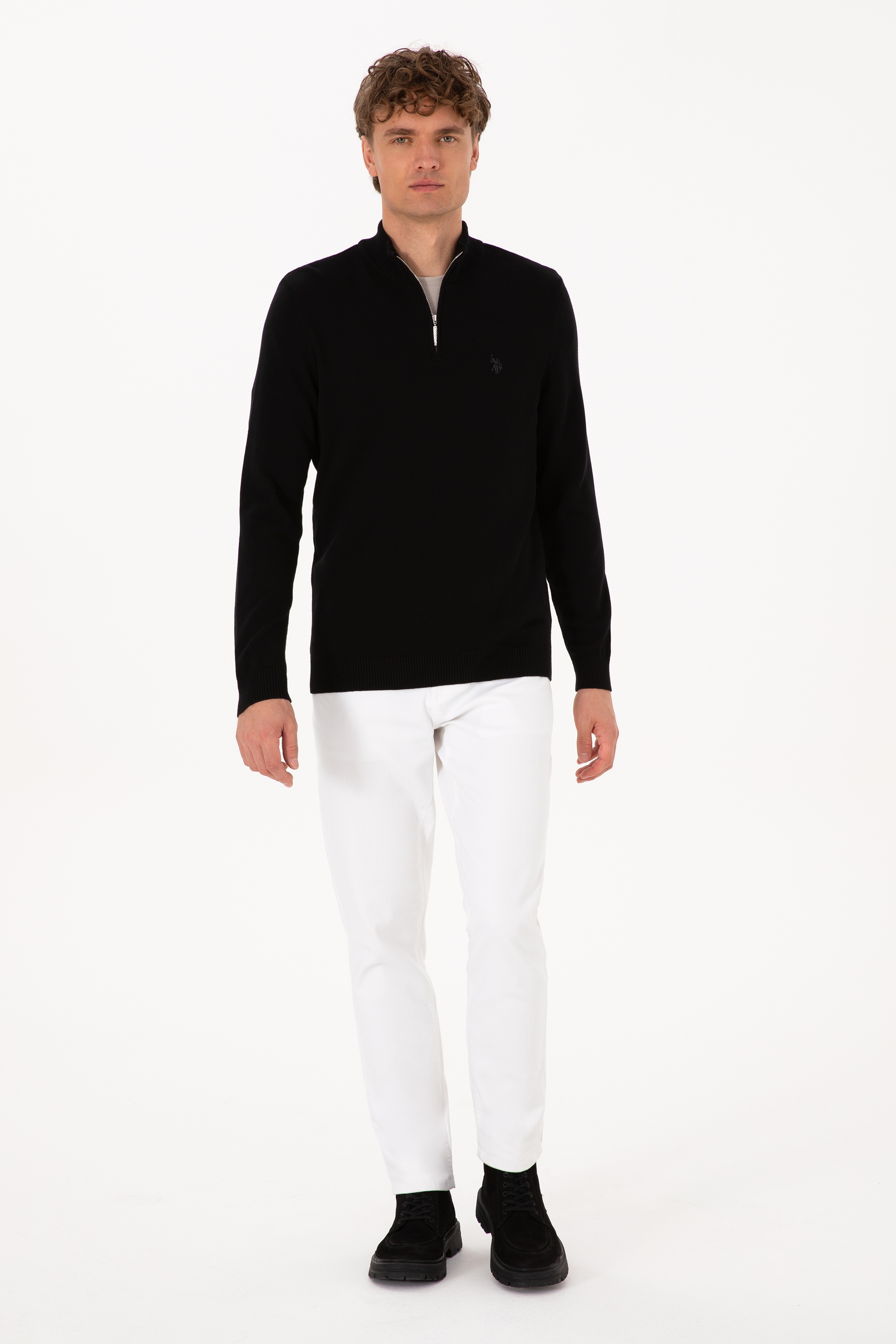 Erkek Slim Fit Yarım Fermuarlı Siyah Basic Kazak