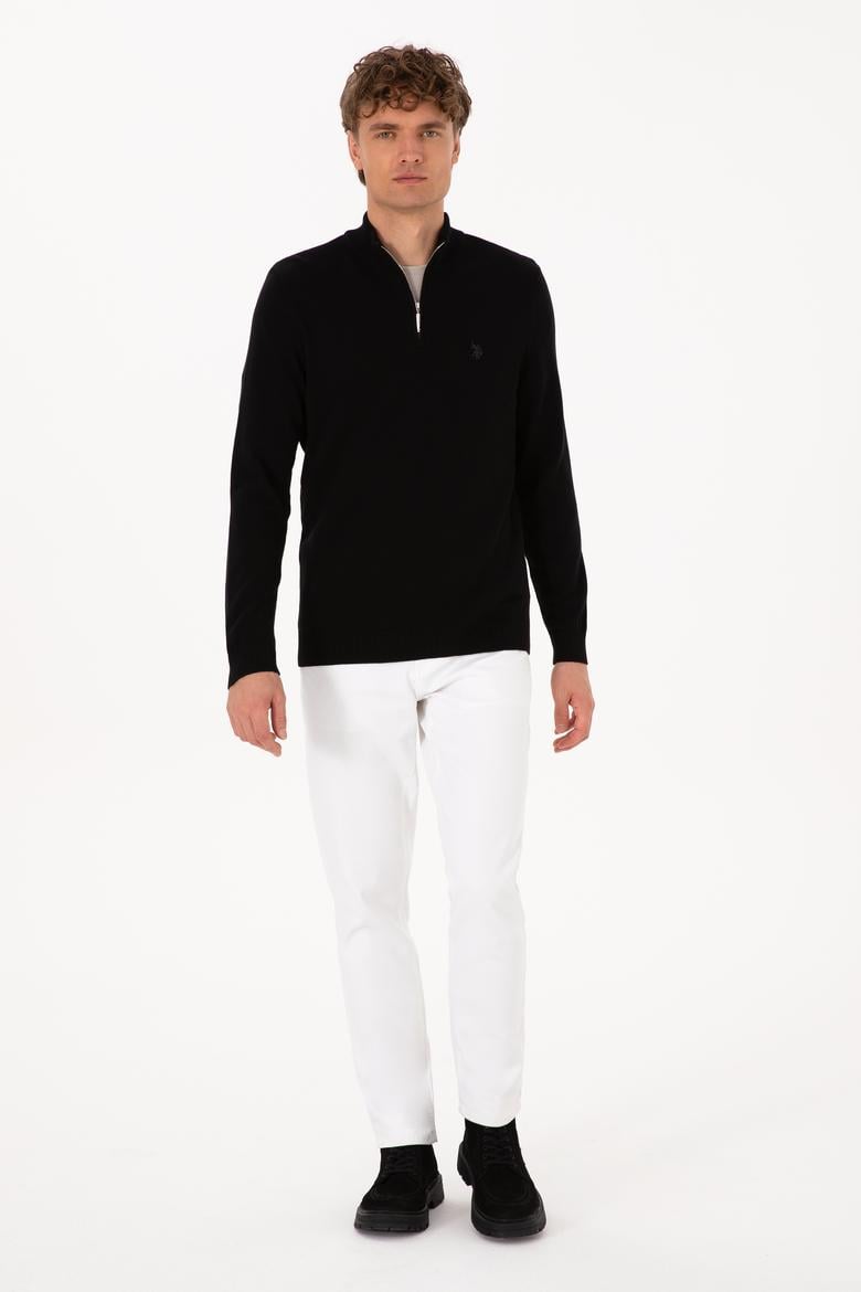 Erkek Slim Fit Yarım Fermuarlı Siyah Basic Kazak - 50313695038