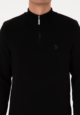 Erkek Slim Fit Yarım Fermuarlı Siyah Basic Kazak - 50313695038