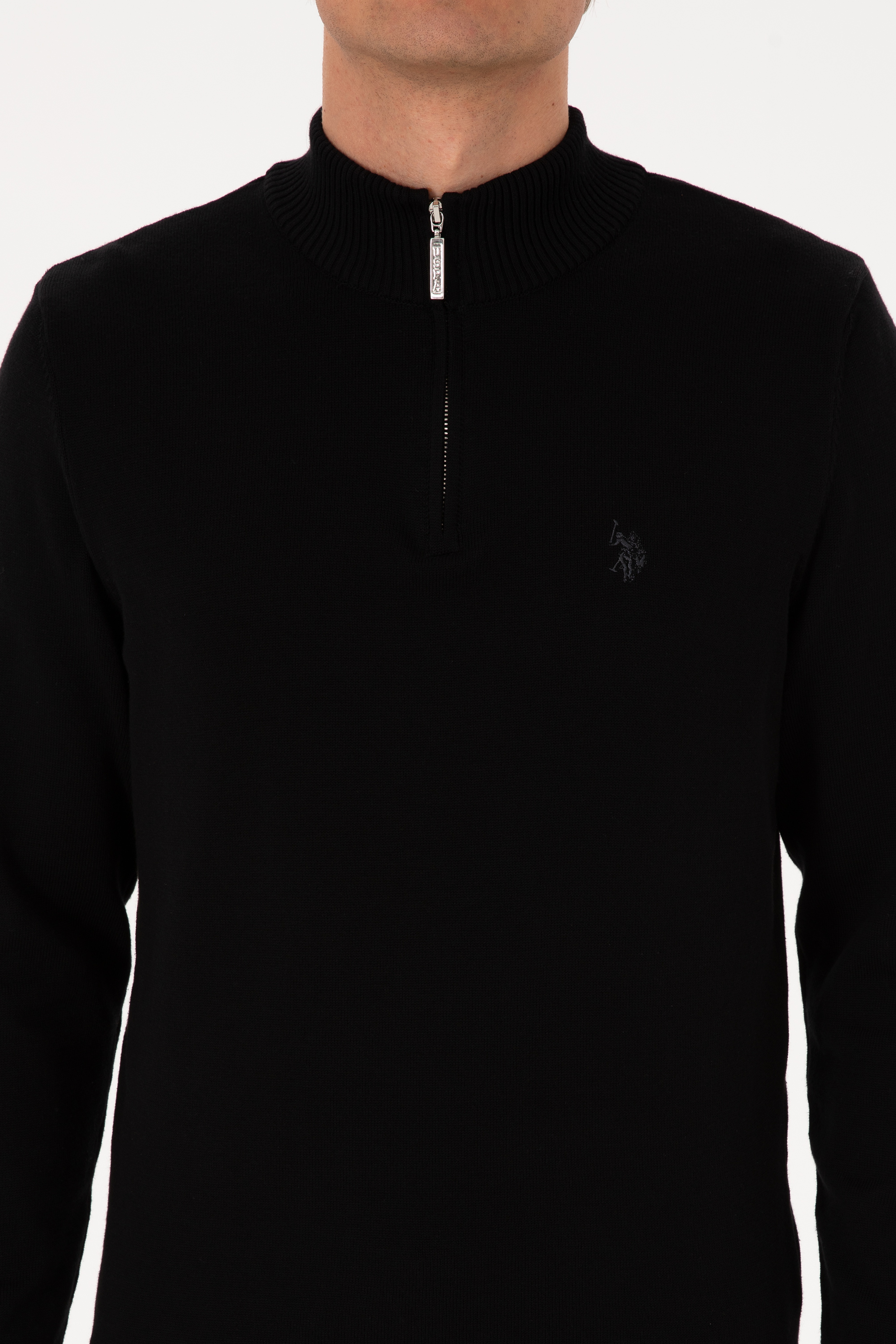 Erkek Slim Fit Yarım Fermuarlı Siyah Basic Kazak
