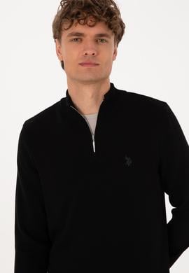 Erkek Slim Fit Yarım Fermuarlı Siyah Basic Kazak - 50313695038