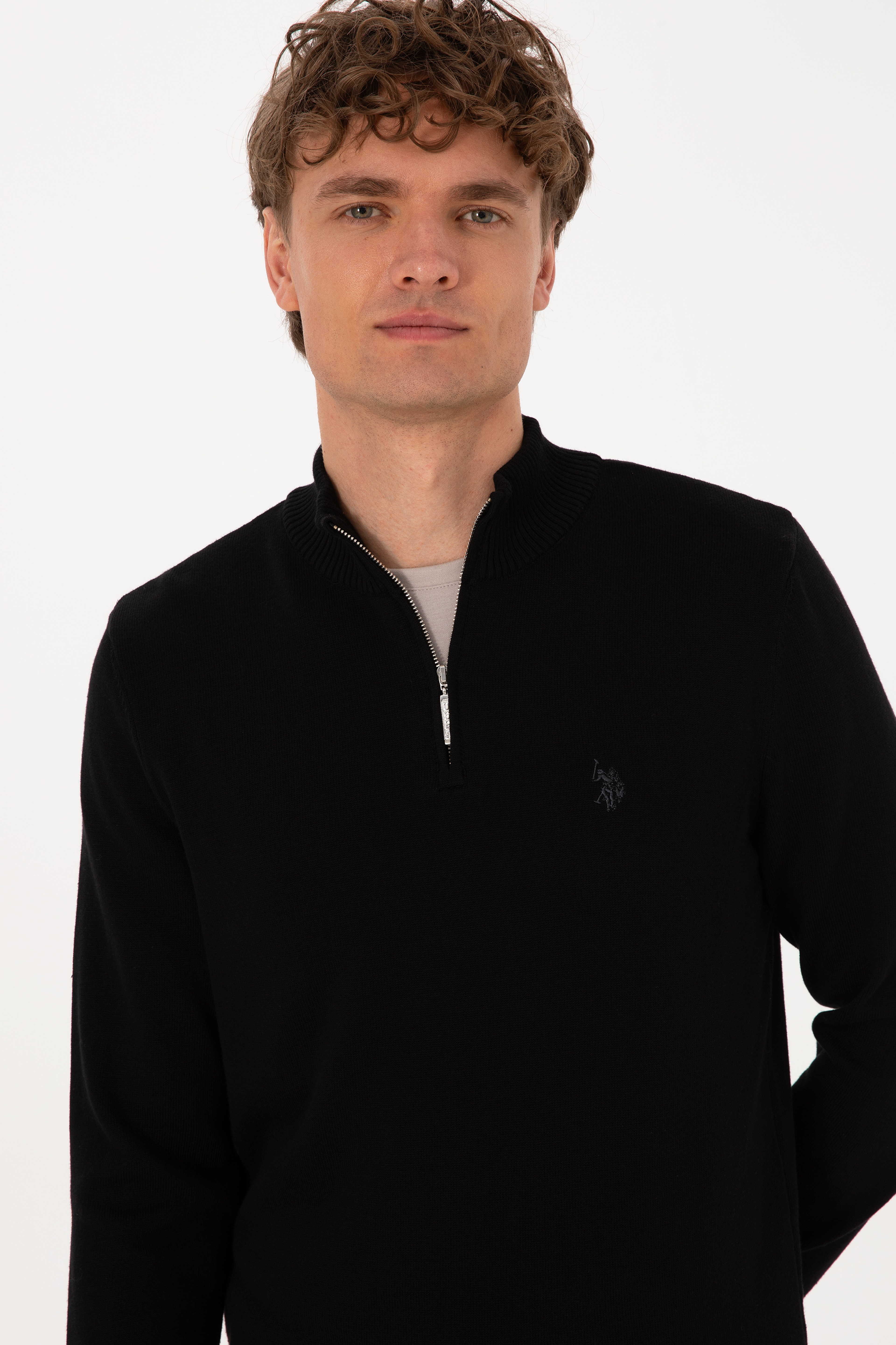 Erkek Slim Fit Yarım Fermuarlı Siyah Basic Kazak