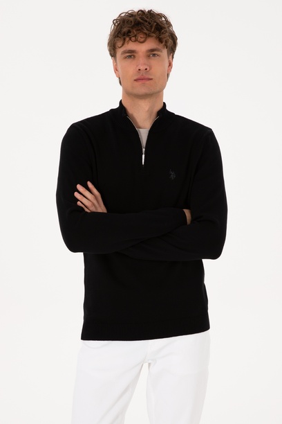 Erkek Slim Fit Yarım Fermuarlı Siyah Basic Kazak