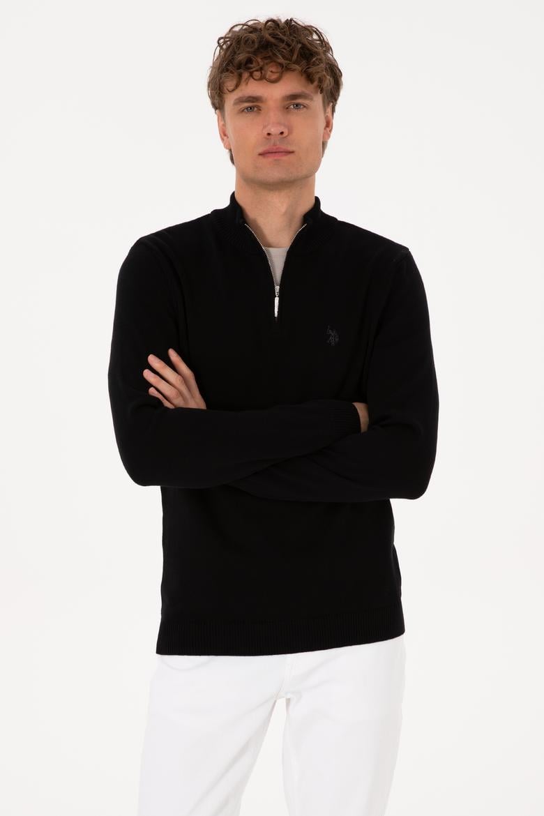 Erkek Slim Fit Yarım Fermuarlı Siyah Basic Kazak - 50313695038