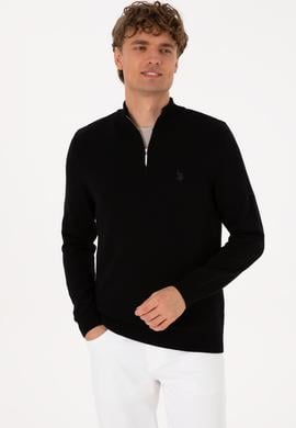 Erkek Slim Fit Yarım Fermuarlı Siyah Basic Kazak - 50313695038