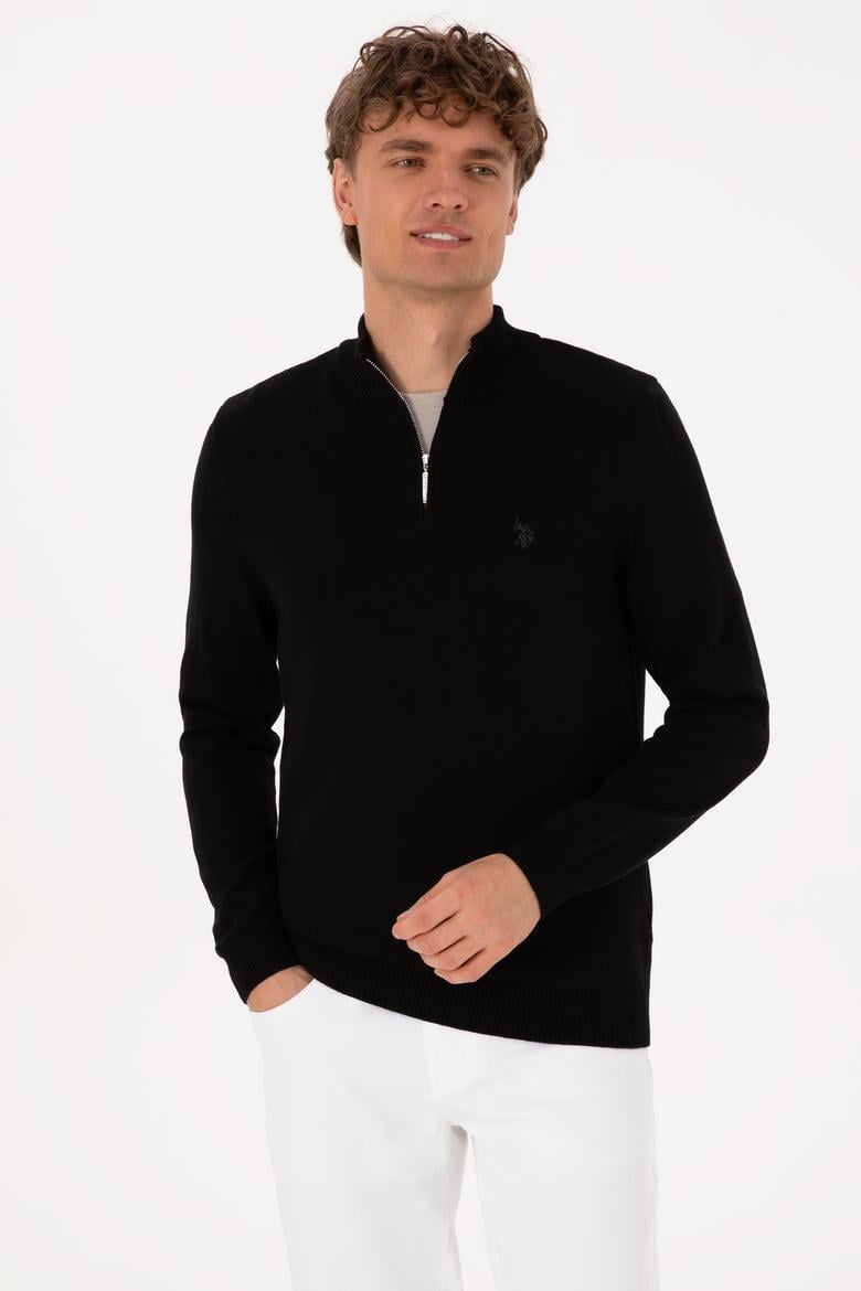 Erkek Slim Fit Yarım Fermuarlı Siyah Basic Kazak