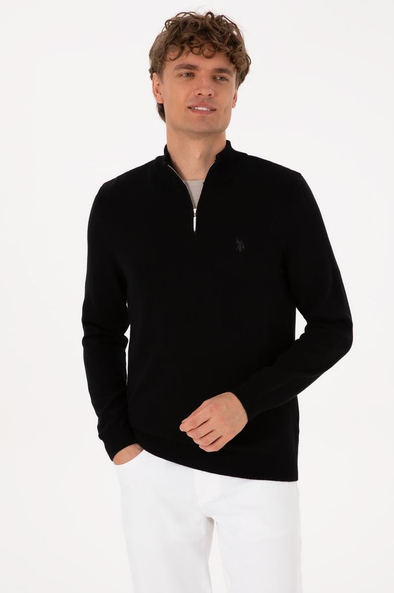 Erkek Slim Fit Yarım Fermuarlı Siyah Basic Kazak