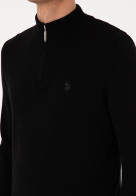 Erkek Slim Fit Yarım Fermuarlı Siyah Basic Kazak - 50313695038