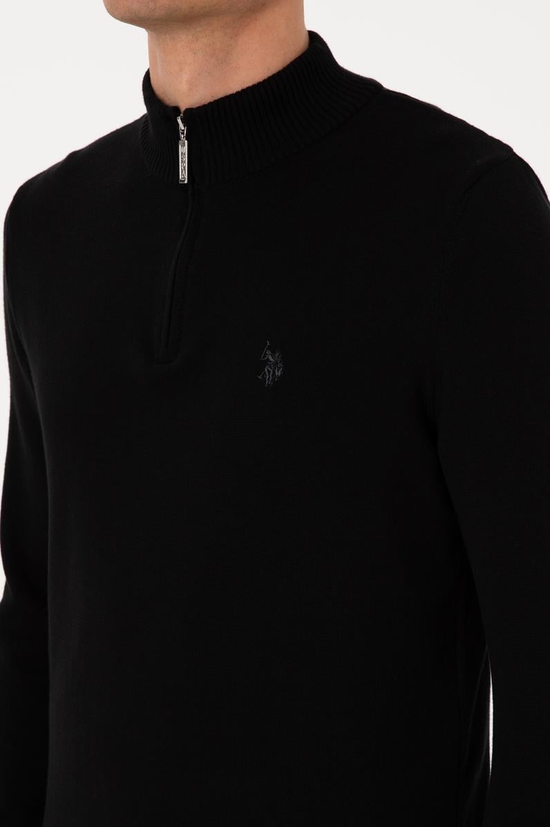 Erkek Slim Fit Yarım Fermuarlı Siyah Basic Kazak