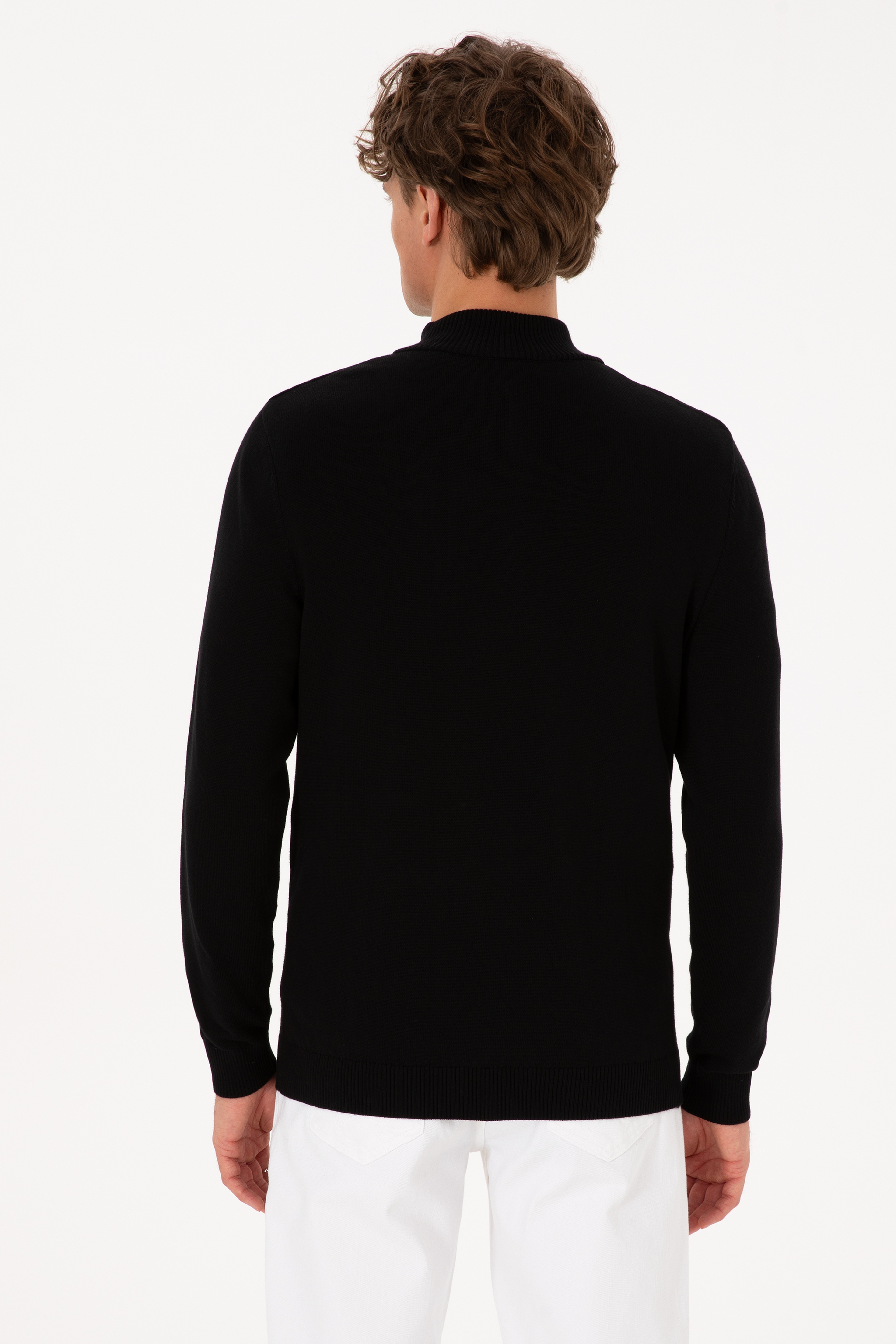 Erkek Slim Fit Yarım Fermuarlı Siyah Basic Kazak - Image 5