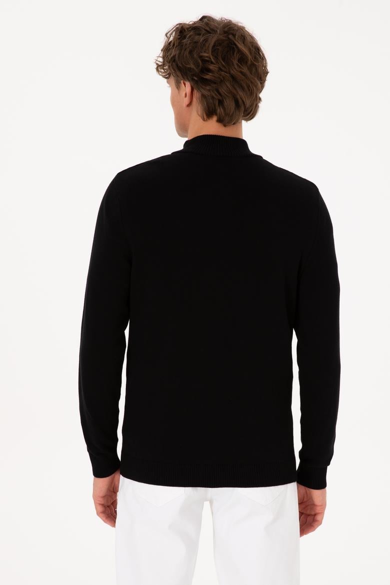 Erkek Slim Fit Yarım Fermuarlı Siyah Basic Kazak - 50313695038